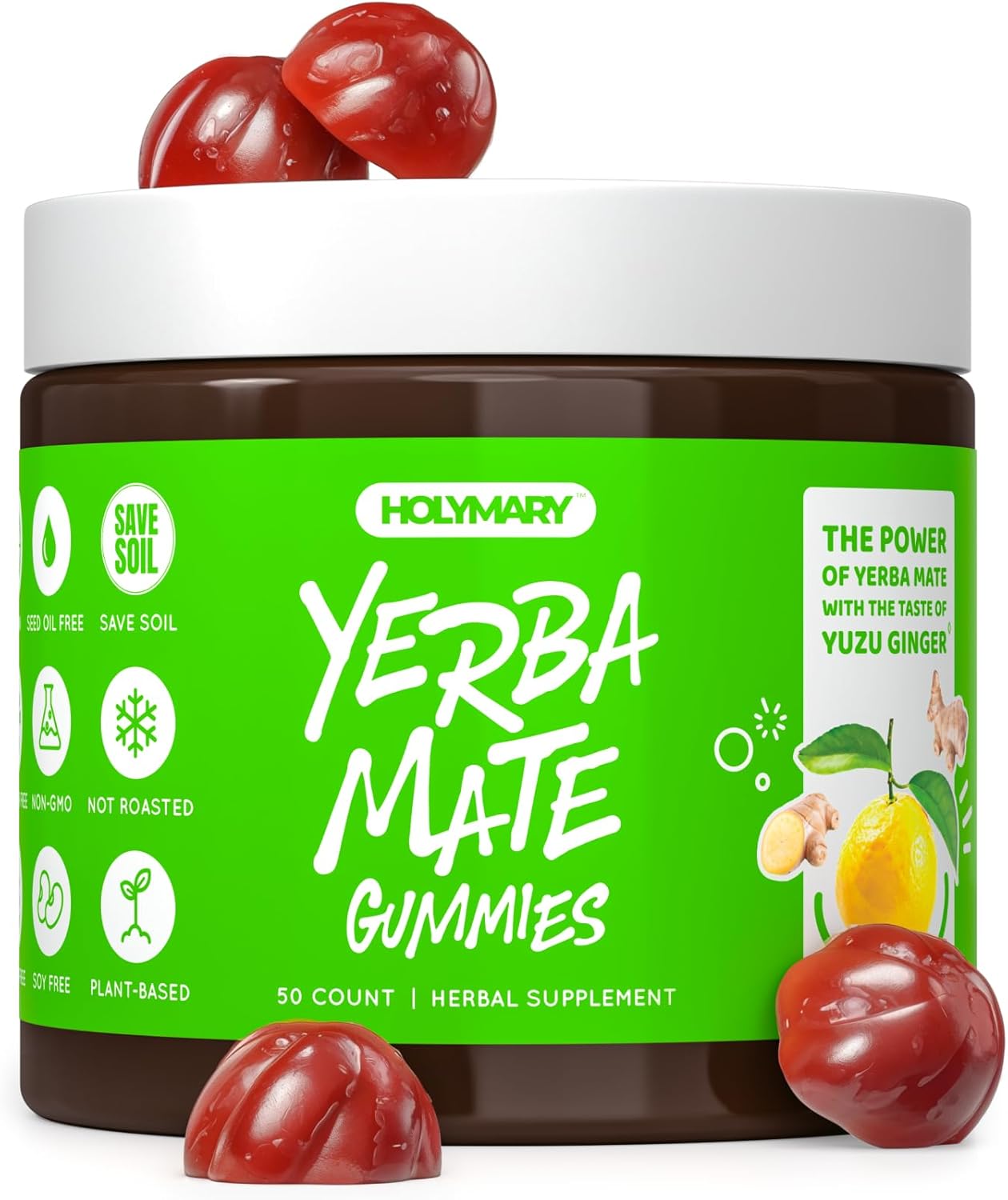 Yerba Mate Gummies – Yuzu & Ginger Flavor for Energy, Focus, Immunity & Cardio Health | Vegan, Non-GMO, Gluten-Free – 50 Natural Supplement Gummies