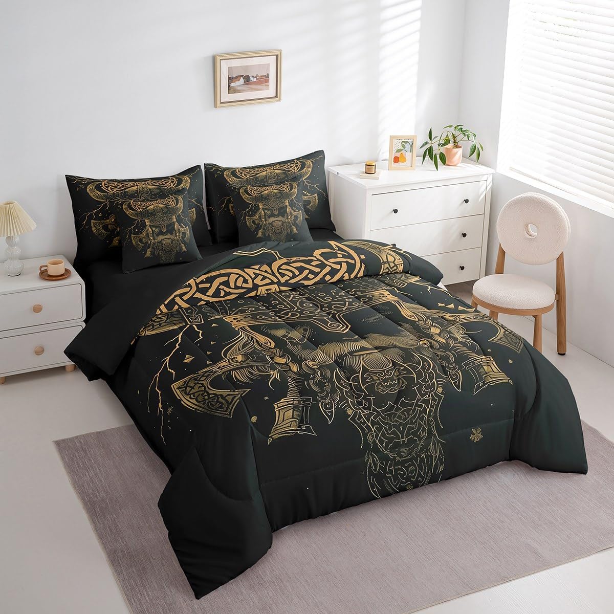 Erosebridal Viking Bedding Set 7 Pieces Brown Exotic Style Comforter Set Vintage Tribe Bed in A Bag Full for Adults Teens Men Scandinavian Print Sheet Set with Comforter for Room - Image 3