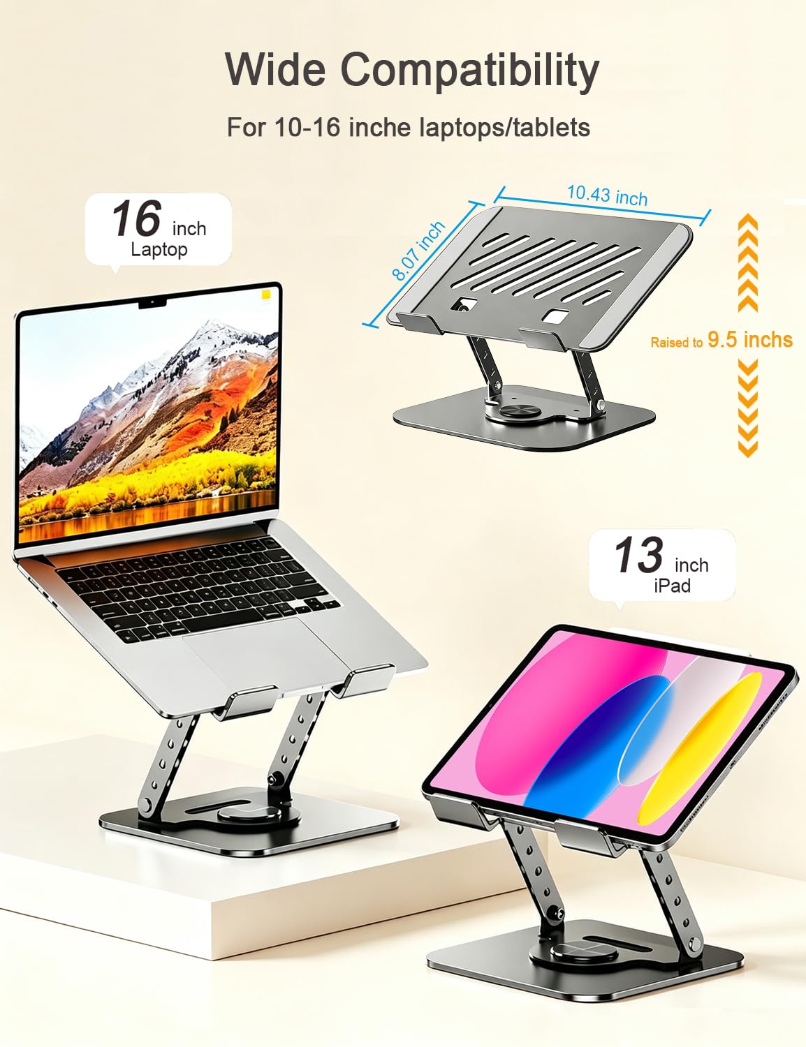 Supporto regolabile per laptop, supporto per computer con base rotante a 360, supporto ergonomico per scrivania pieghevole e portatile, adatto a MacBook Air Pro o laptop/tablet da 10,5-15,6 pollici