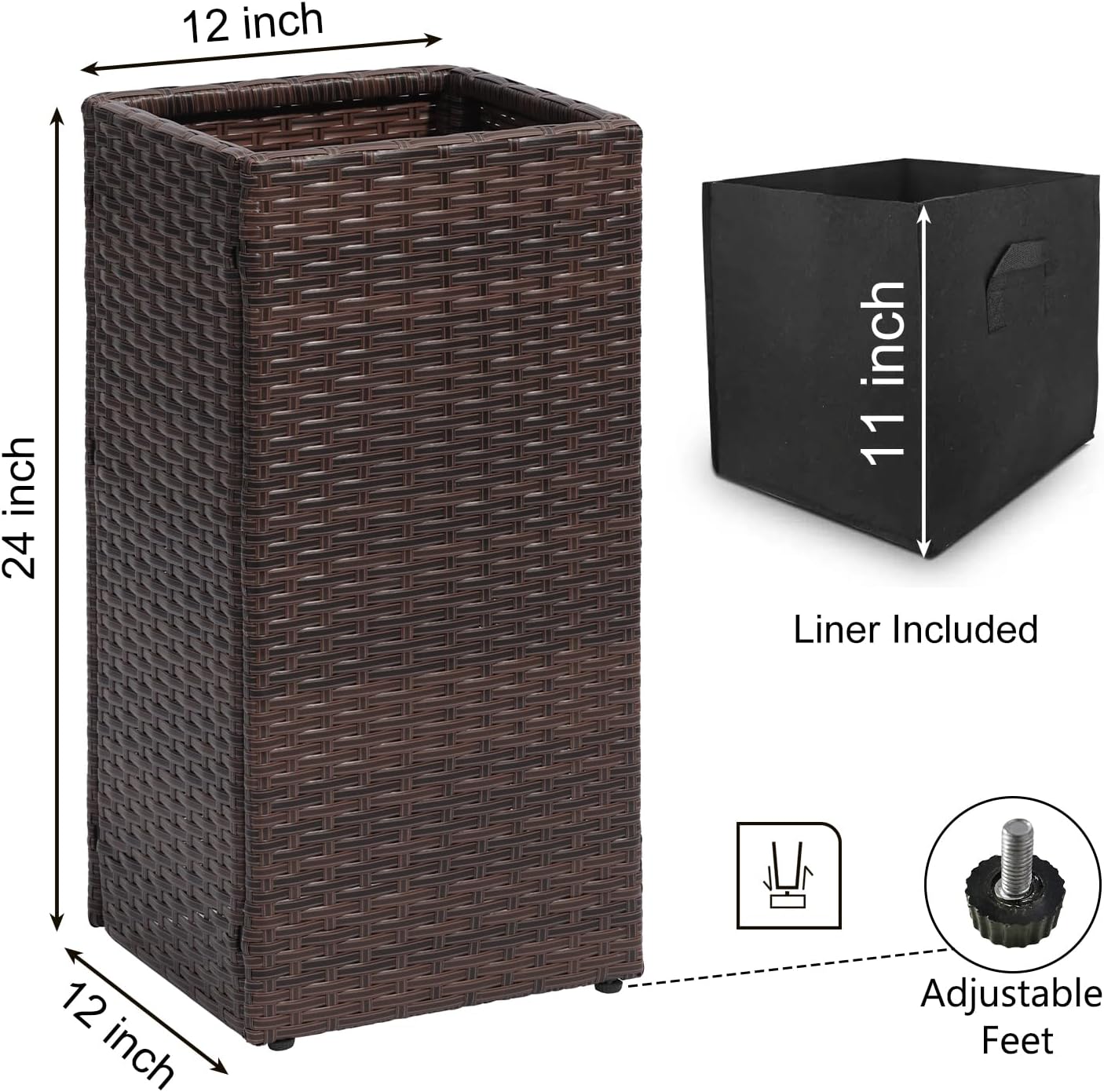 SUNNYPARK 2 Pack Tall Brown Rattan Square Planter Boxes with Removable Liners