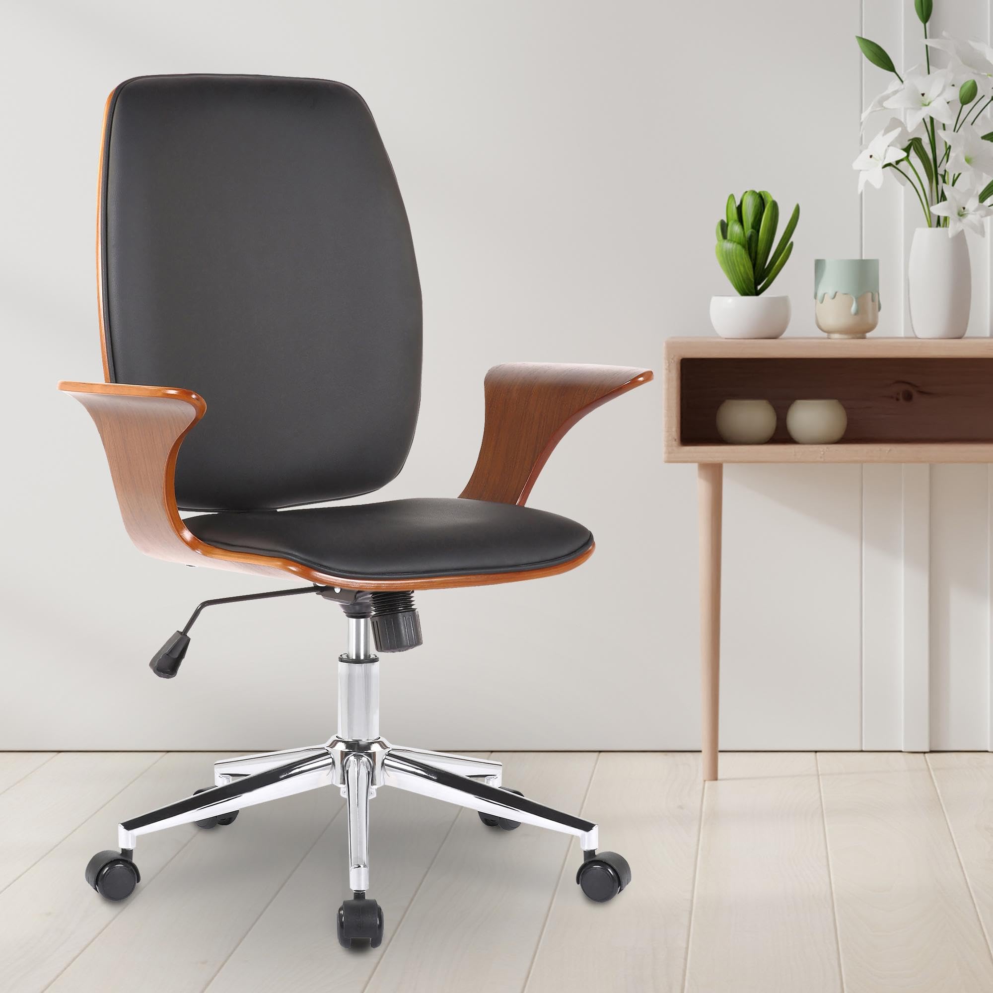CLP Fauteuil de Bureau Burbank avec Coque en Bois I Chaise De Bureau en Tissu Ou Similicuir Dossier Assise Rembourrés I Pičtement Métal, Couleur:Noyer/Noir, Matériel:Similicuir