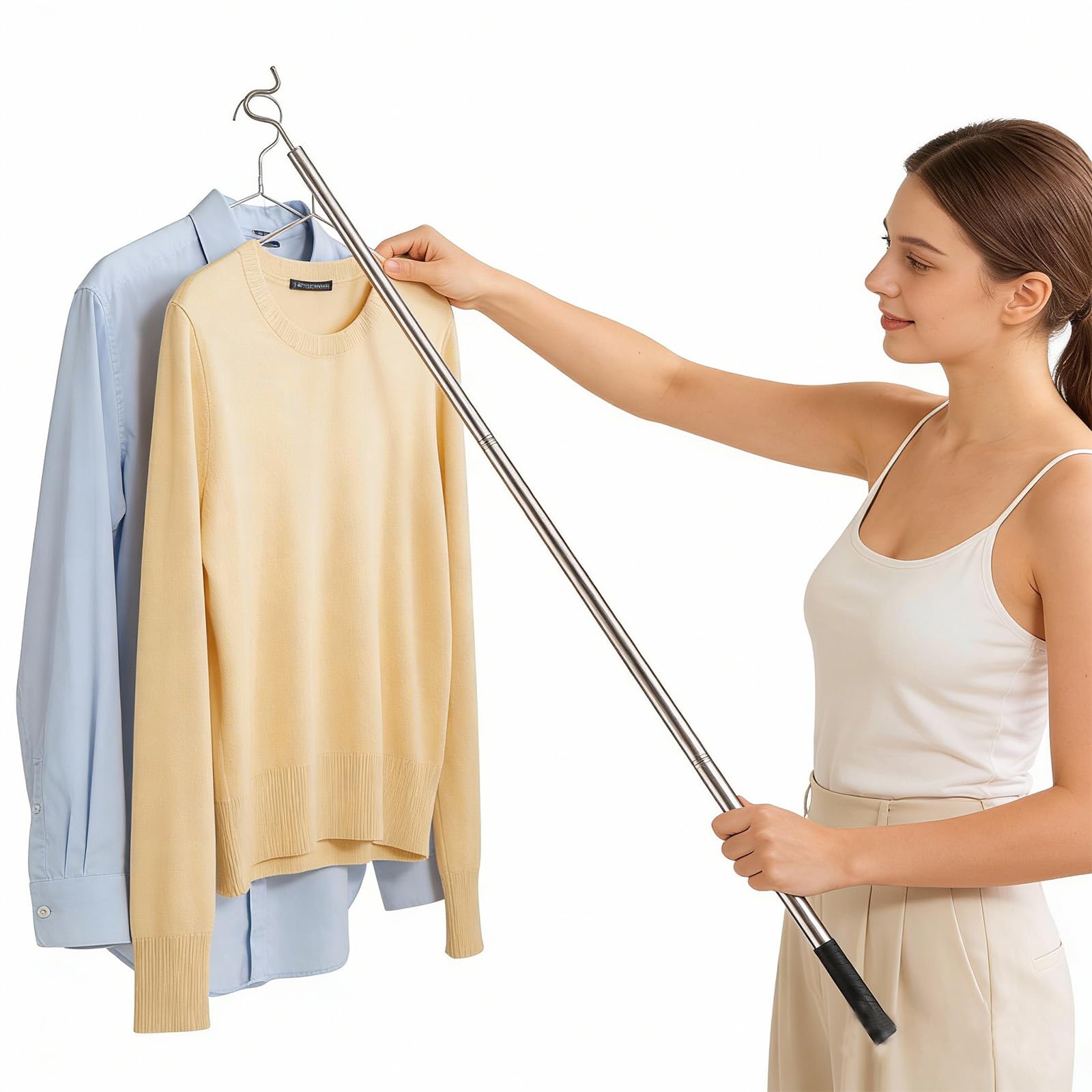 Stainless Steel Clothes Hanger Hook - Extends from 36.6 to 52.36 Inches (93-133cm), Heavy Duty Closet Hanger Reaching Pole, Ceiling, Shelf, and Balcony Use (52.36in)