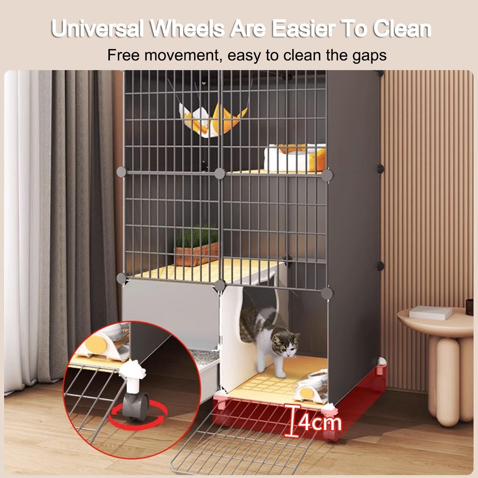 Enclos pour Chat Intérieur avec Balcon, Roulettes, Bac à Litière, Espace D'extension et Nettoyage Facile (75x39x89 cm)