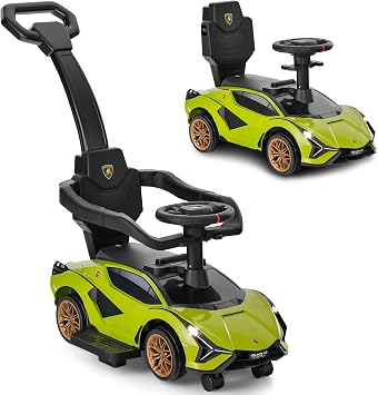 INFANS 3 in 1 Licensed Ride on Push Car, Baby Stroller with Parent Control Handle, Sliding Walking Car with Music, USB, Headlight, Under Seat Storage, Foot-to-Floor Toy for 18-60 Months Green