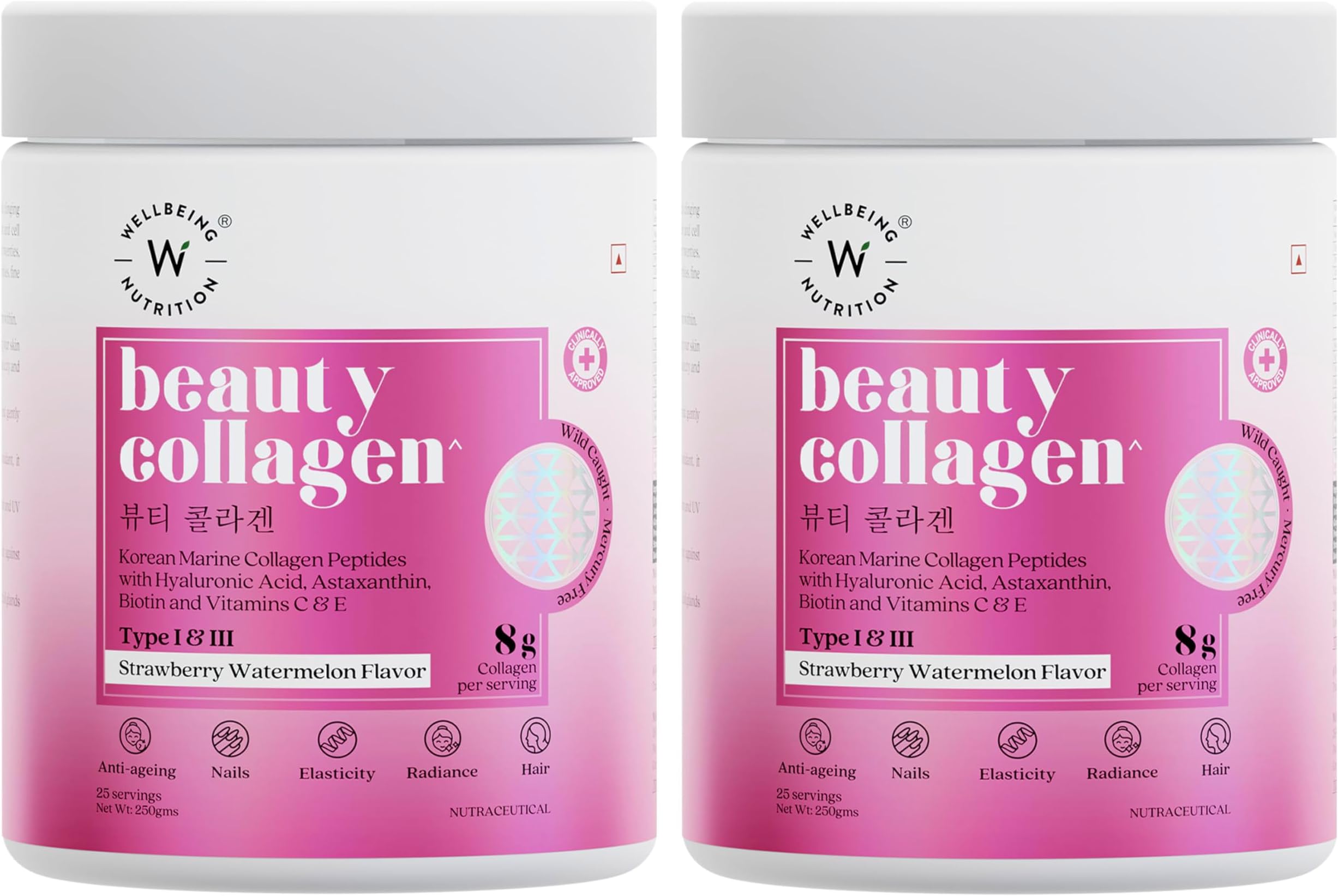 Wellbeing Nutrition Beauty Collagen with Hyaluronic Acid | Collagen Supplements for Women & Men | Collagen Powder with Biotin and Vitamins for Skin Radiance & Anti-Aging | 250g-Strawberry Watermelon