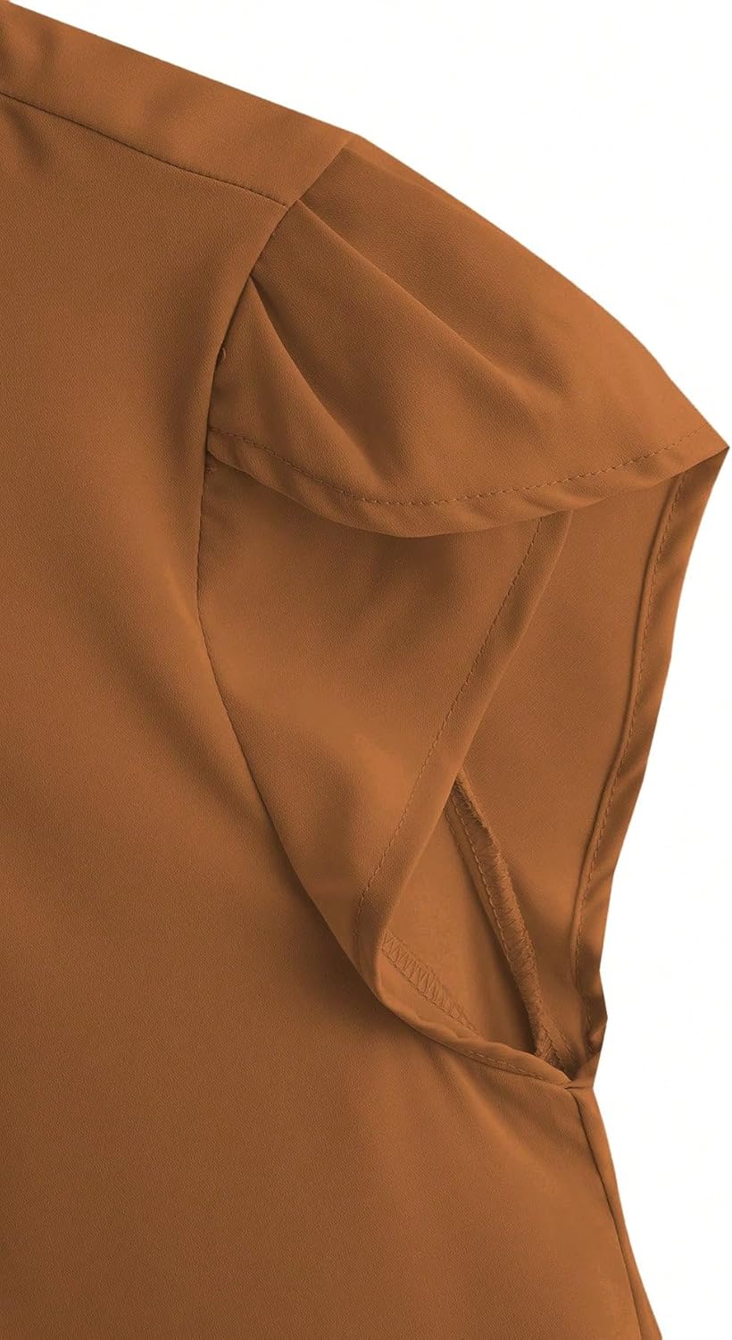 Milumia Women's Casual Round Neck Basic Pleated Top Cap Sleeve Curved Keyhole Back Blouse - Image 4