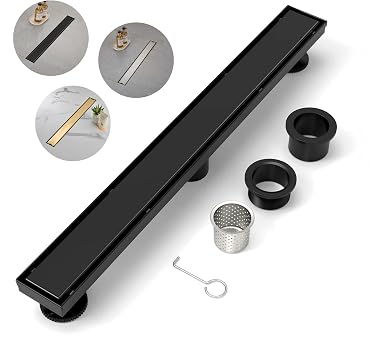 BRUUN Rectangular Linear Shower Drain- A (32-inch) Matte Black Colored Long Channel 304 Stainless Steel Floor Drain with Removable Square Hole Panel Equipped with Leveling Feet and Hair Strainer