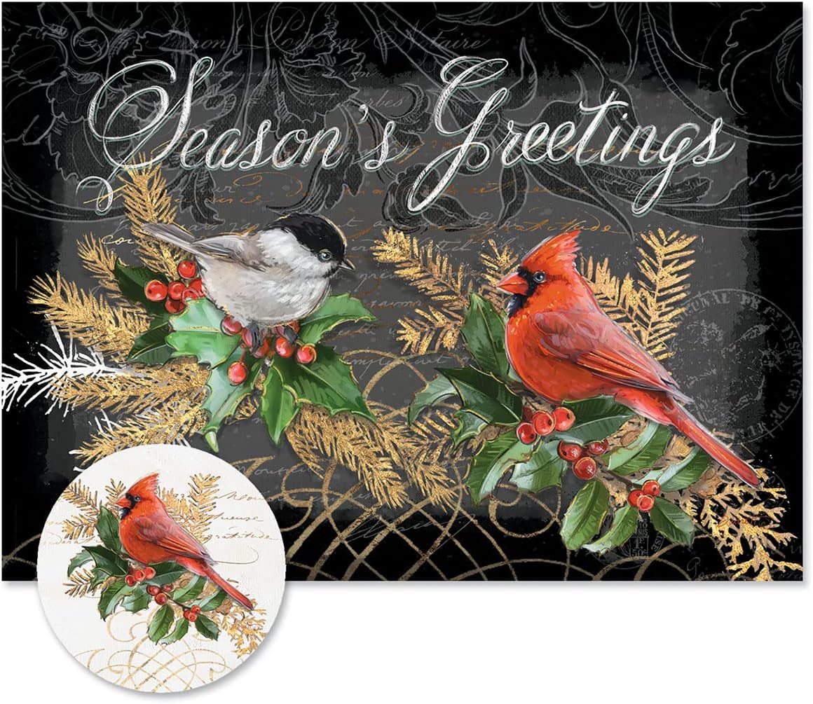 Birds and Boughs Personalized Christmas Cards- 24 Festive Greeting cards With Envelope Seals