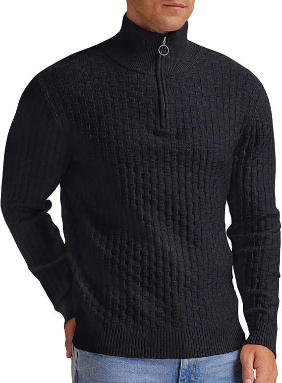 Askdeer Men's Quarter Zip Sweater Waffle Knit Sweater Mock Neck Polo Sweater Casual Pullover Sweater with Ribbing Edge