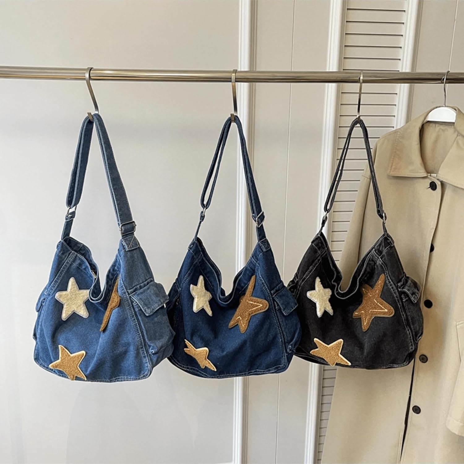 Vintage Star Denim Messenger Bag, Aesthetic Y2K Jean Tote Bag for Women Men, Casual Retro Hobo Bag for Travel Vacation Work