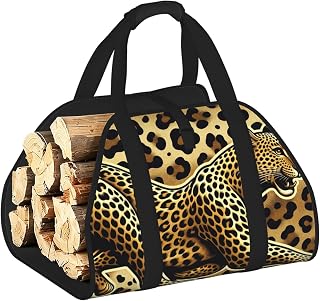 Augenstern Large Unique-Leopard-Print Firewood Carrier Bag, 600d Oxford Cloth Log Tote with Reinforced Handles, Open-End Wood Hauling Bag for Fireplace, Wood Stove, Camping and Outdoor Storage