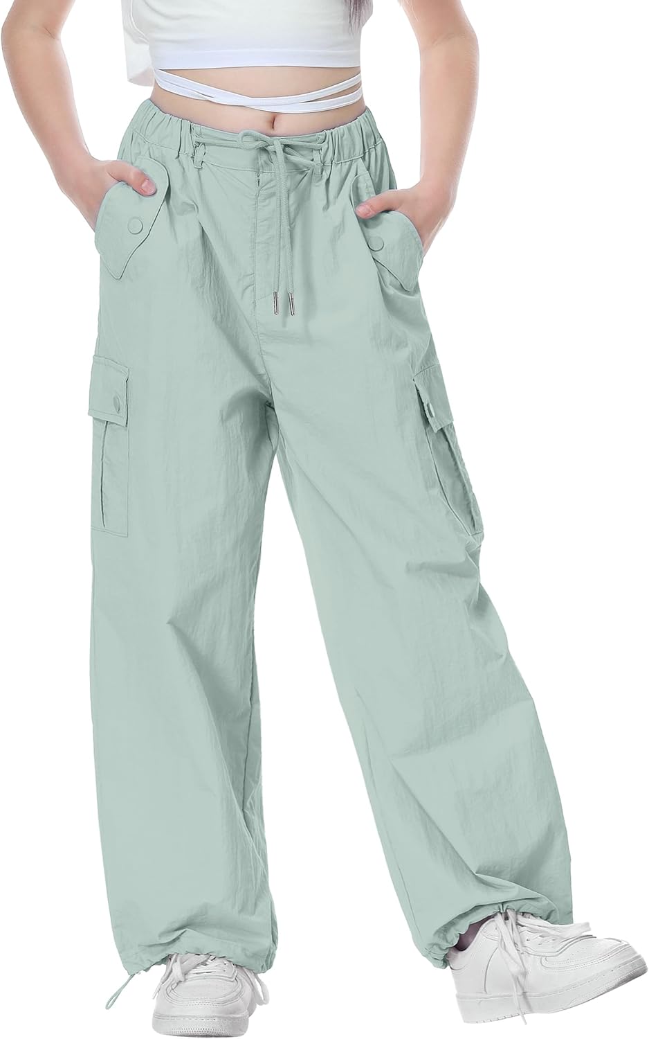 Rolanko Parachute Pants for Girls Y2K Cargo Trousers with Pockets Harajuku Jogger Pants Kids 4-14 Years