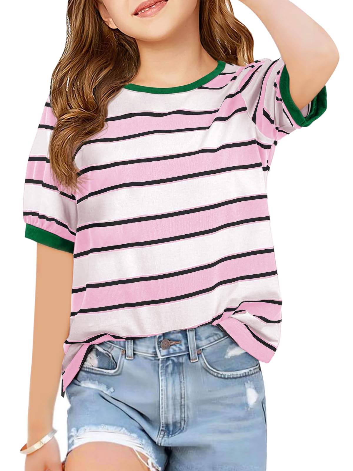 Haloumoning Mädchen gestreifte Kurzarm-T-Shirts Kinder Sommer-Freizeit-Oberteile Rundhals-T-Shirts Blusen