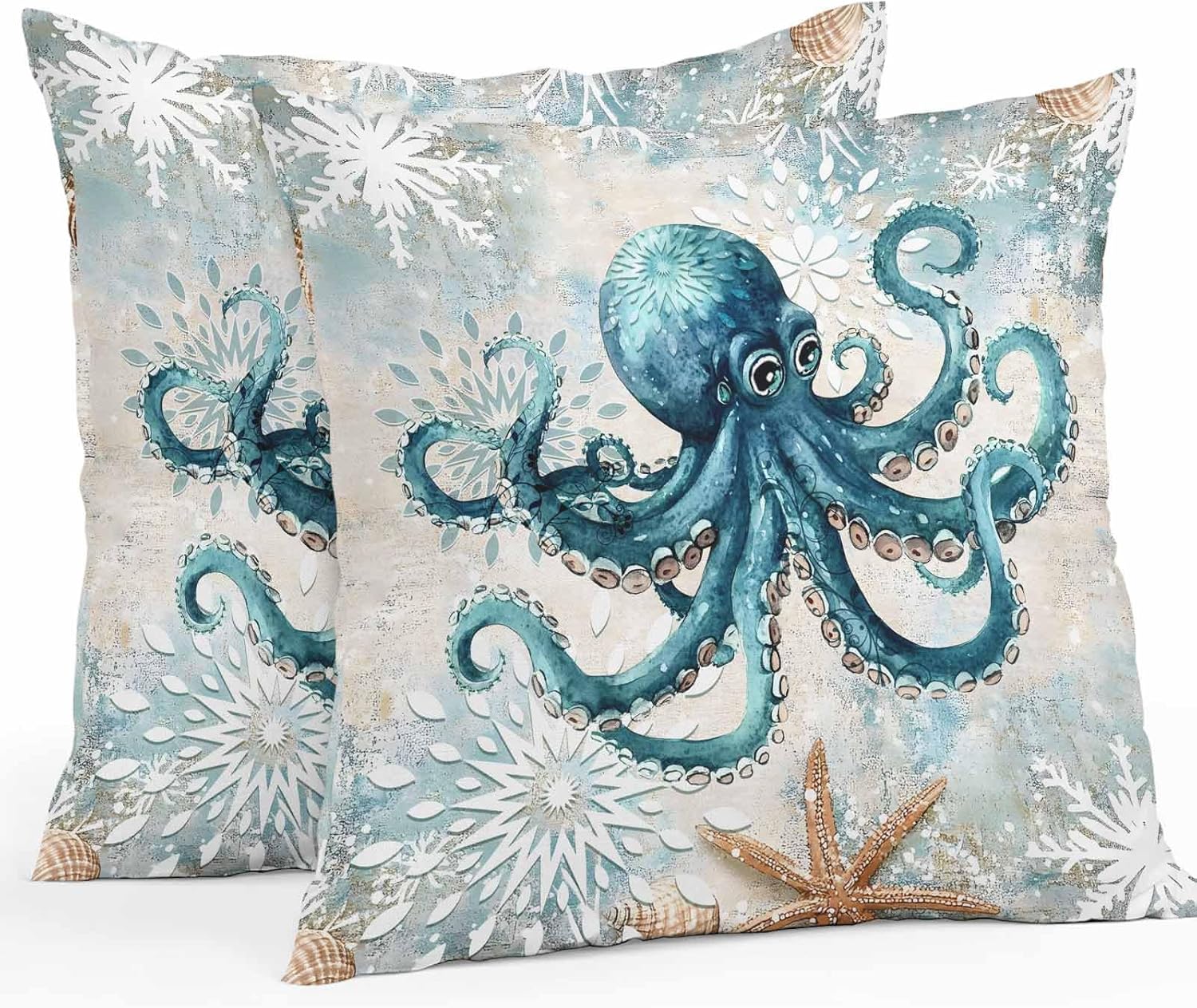 Ocean Outdoor Throw Pillow Cover Marine Octopus Starfish Waterproof Cushion Covers 2 Pack Pillow Cases Home Decoration for Patio Garden Couch Sofa,Watercolor Undersea Life