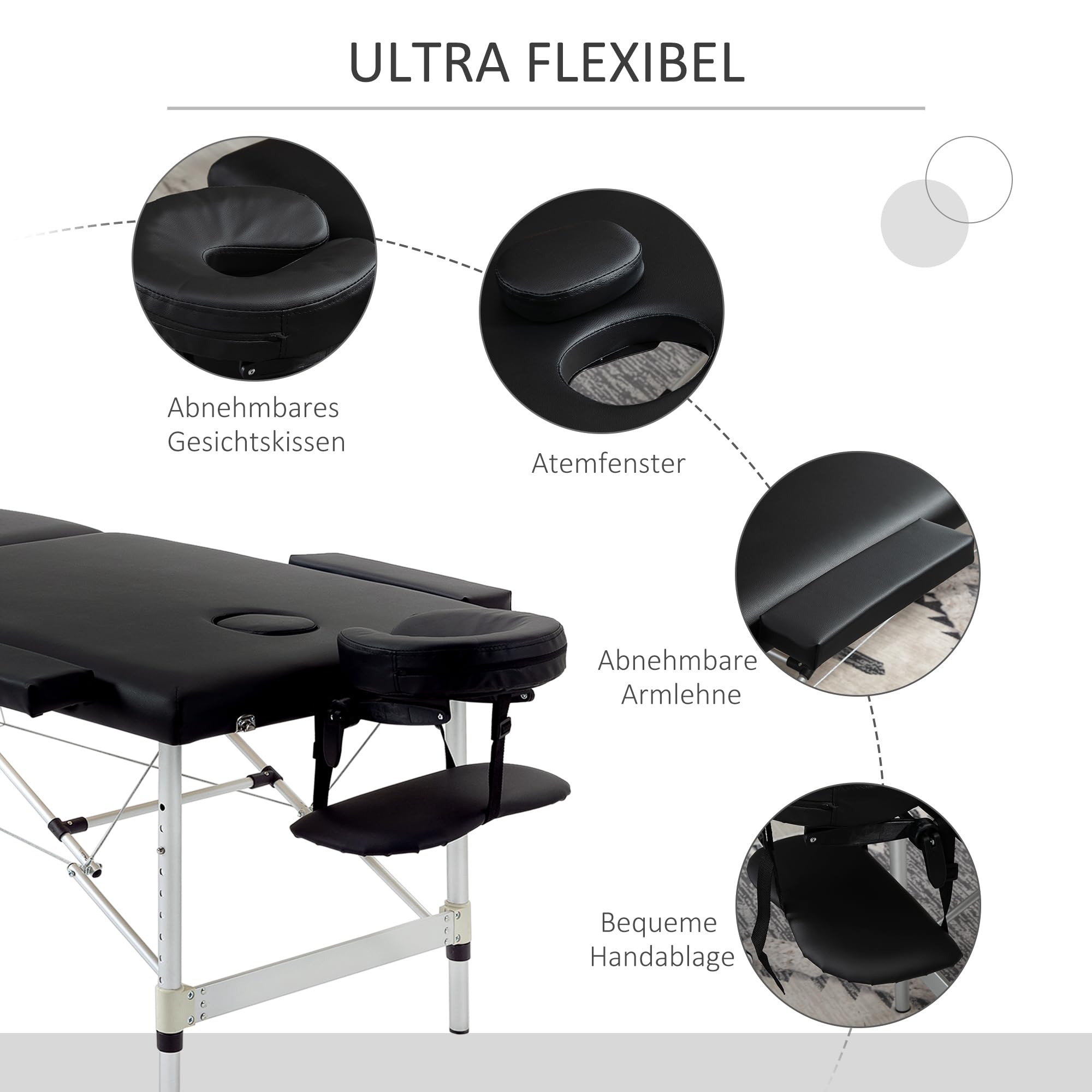 HOMCOM Massageliege 2 Zonen Massagebank Massagetisch 90cm Breit Schwarz | Mit Kunstleder, Kopfstütze, Armlehnen, Tasche, Höhenverstellbar, Bis 225 kg Belastbar