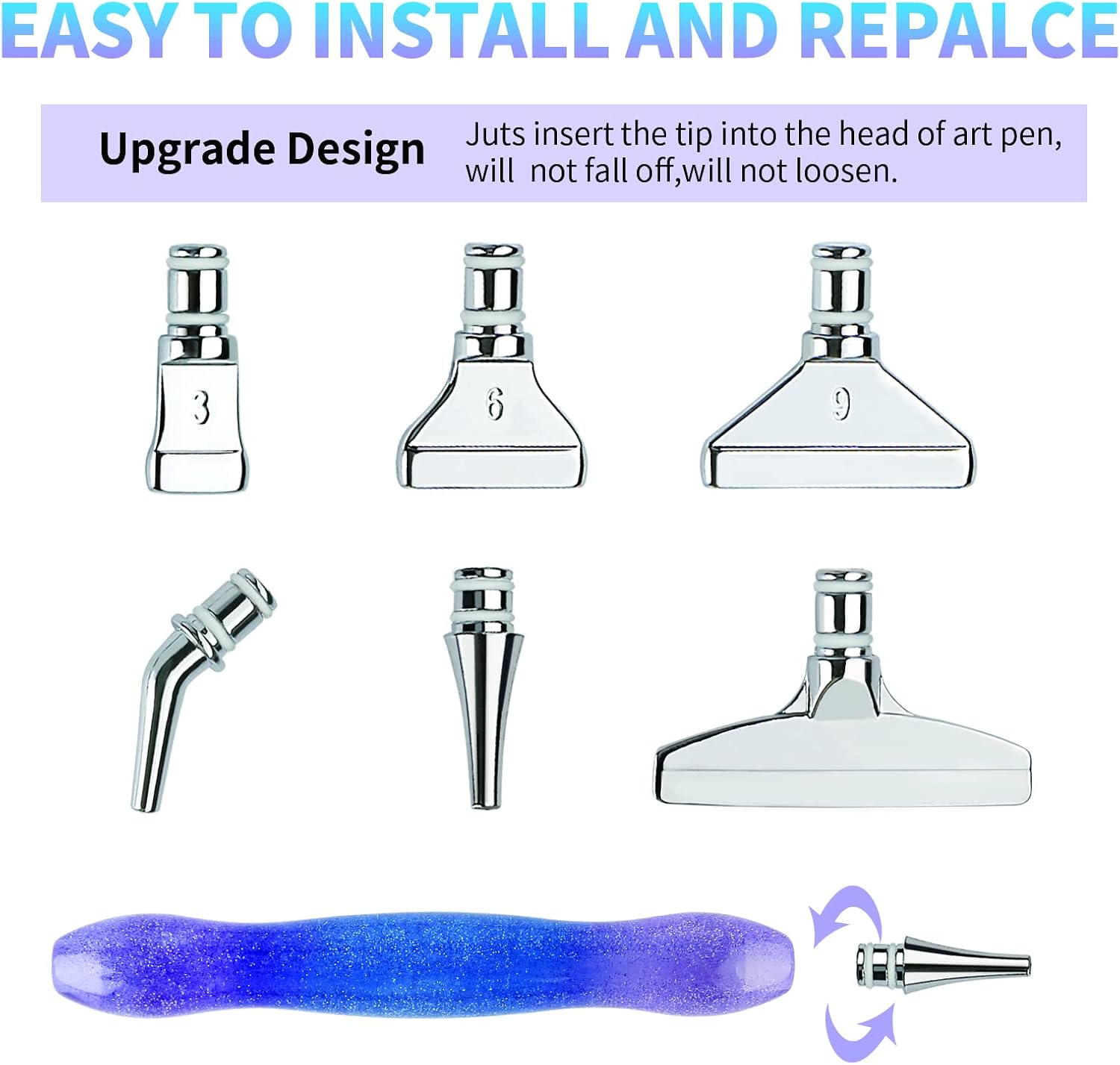 14pcs Metal Tips Diamond Painting Pen Kits, 6pcs Stainless Steel Tips, 6 Diamond Painting Glue Clays, 5D Diamond Painting Accessories Tools for DIY Craft, Comfort Grip and Faster Drilling,Blue