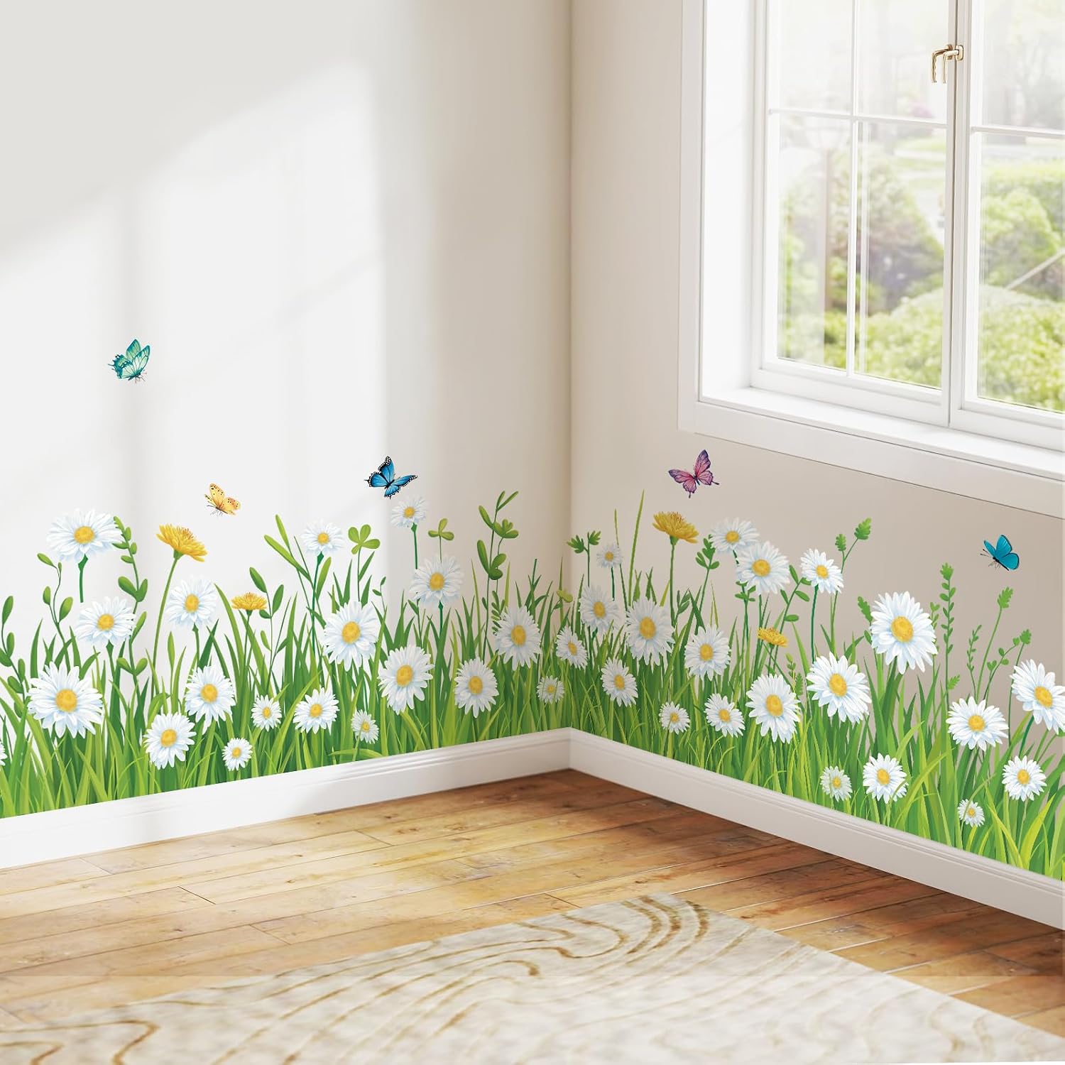 SHUCHING Daisy Baseboard Wall Stickers Removable Vinyl, Green Grass ...