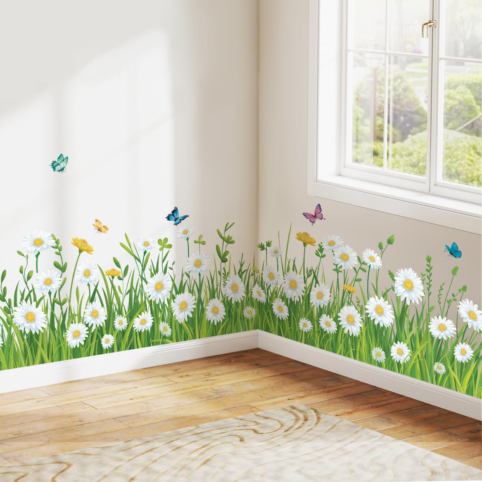 SHUCHING Daisy Baseboard Wall Stickers Removable Vinyl, Green Grass Skirting Line Wall Decals Decoration Art for Bedroom Living Room