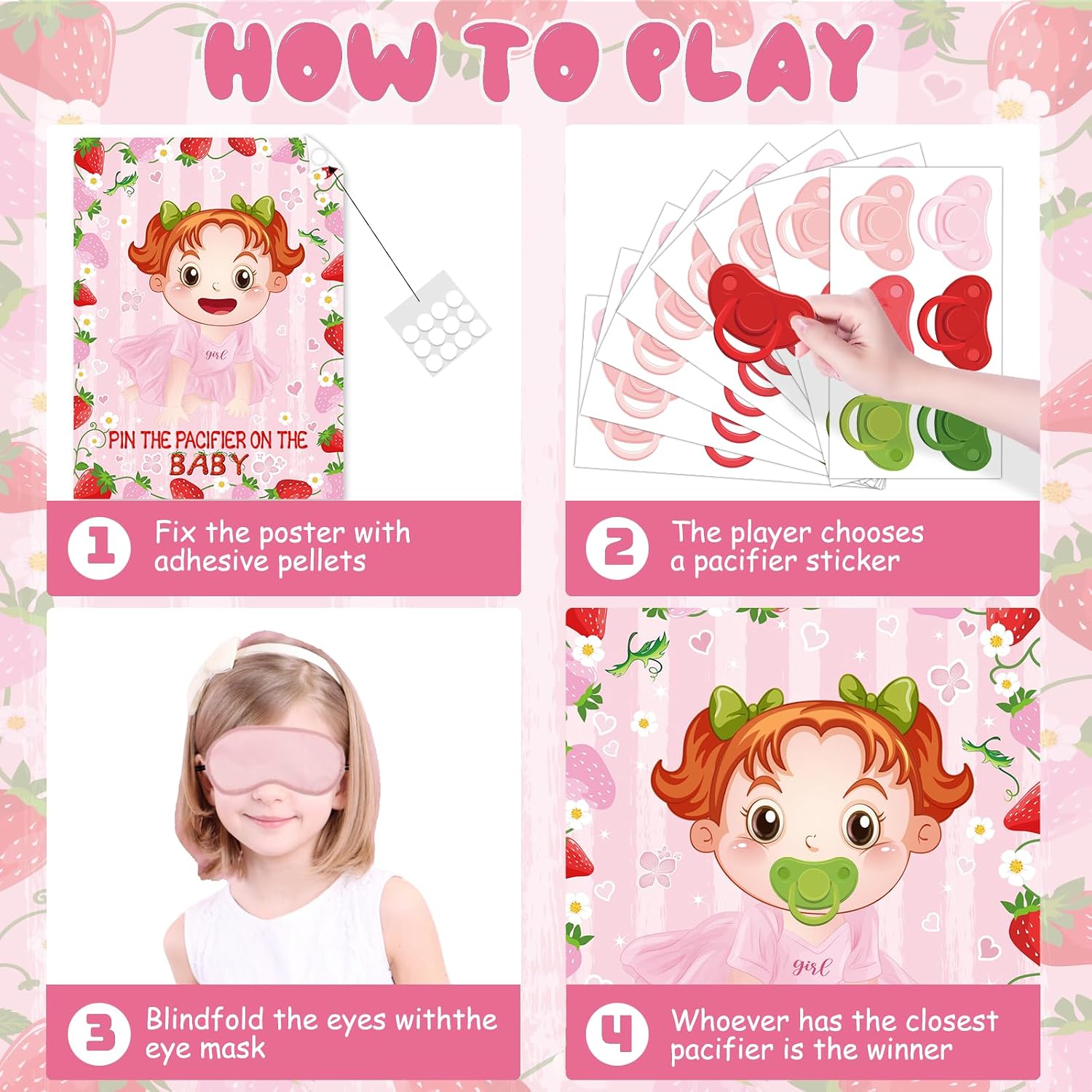 Pin The Pacifier Baby Shower Game Strawberry Baby Shower Decoration with Large Poster 48 Stickers Blindfold Pin Game for Strawberry Themed Birthday Party Decorations