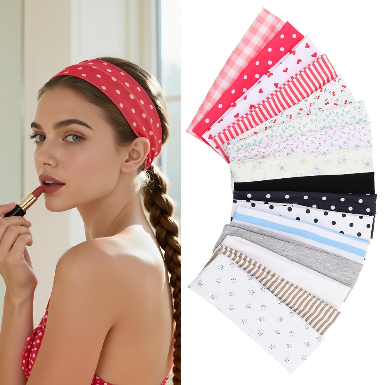 16 Pcs Fashion Headbands for Women Non Slip Elastic Floral Polka Dots Stripes Hairbands Soft Fabric Head Bands