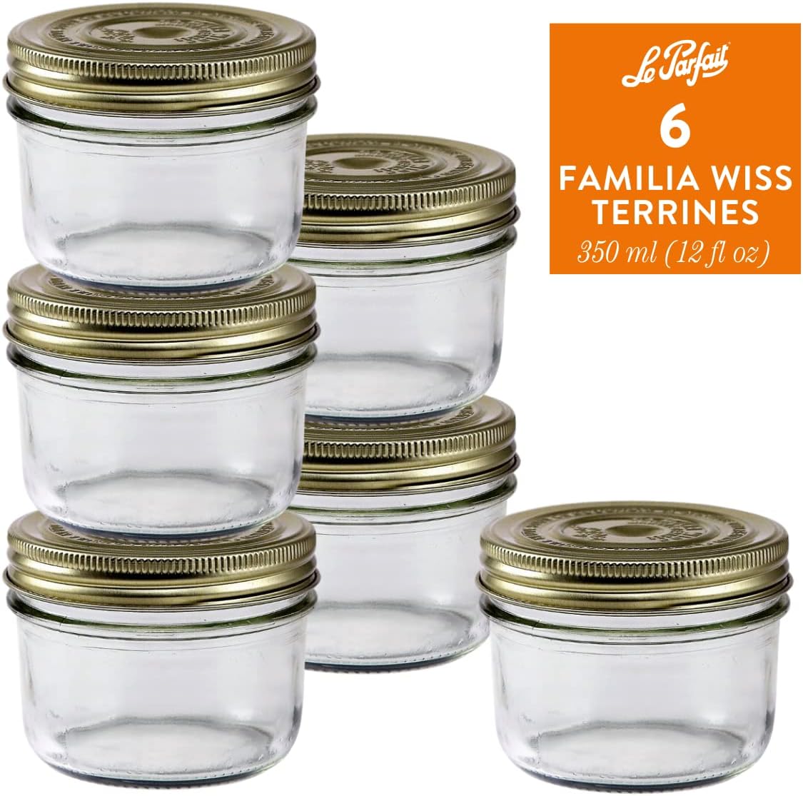 Le Parfait Familia Wiss Terrine Wide Mouth French Glass Jar w/Airtight 2-Piece System Gold Lids | Ideal for Food Storage, Canning, Meal Prep, Cake Jar & DIY Crafts | 12oz (Pack of 6) 350ml