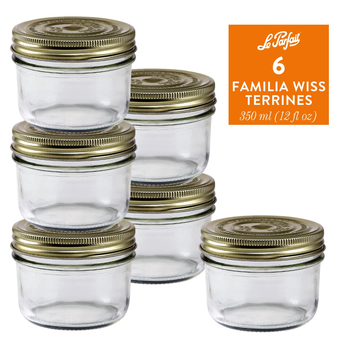 Le Parfait Familia Wiss Terrine Wide Mouth French Glass Jar w/Airtight 2-Piece System Gold Lids | Ideal for Food Storage, Canning, Meal Prep, Cake Jar & DIY Crafts | 12oz (Pack of 6) 350ml