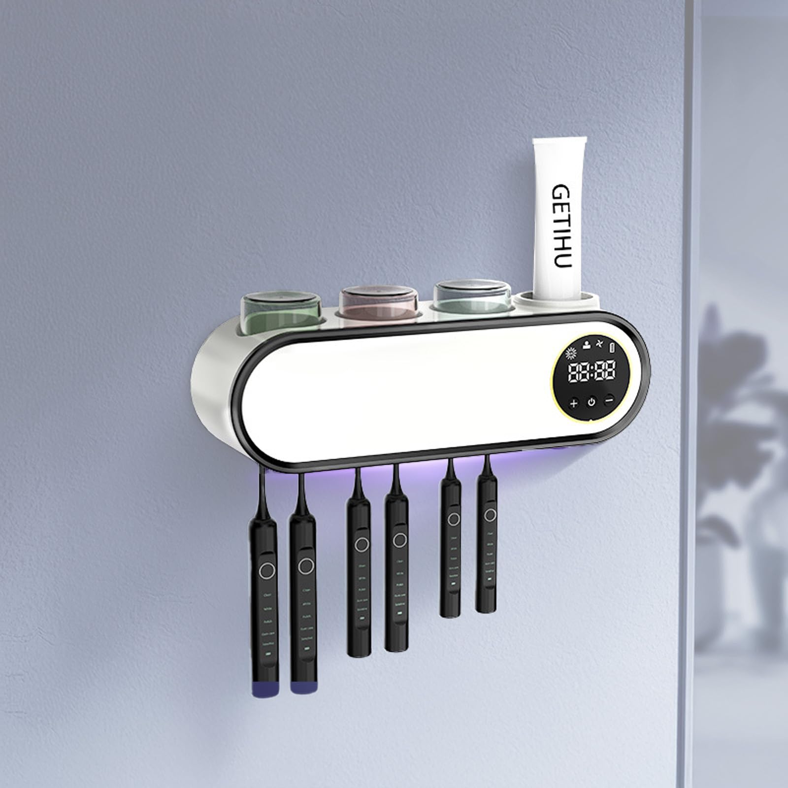 Porte-brosse à dents désinfectant UV avec support mural 6 fentes et 3 tasses