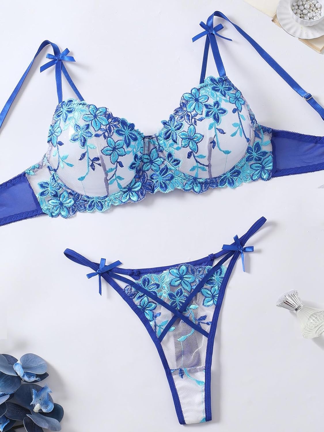 Aranmei Womens Sexy Floral Embroidered Lingerie Set Mesh Sheer Cute Underwire Push Up Bra and Panty S-XXL - Image 2