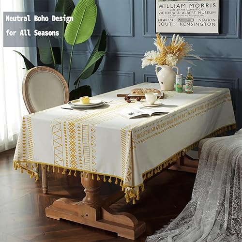 Miniatura 10 de Mantel rectangular de lino, tela de algodón impermeable, arpillera rústica, bohemio, con borlas de café, mantel oblongo, para fiestas, vacaciones,