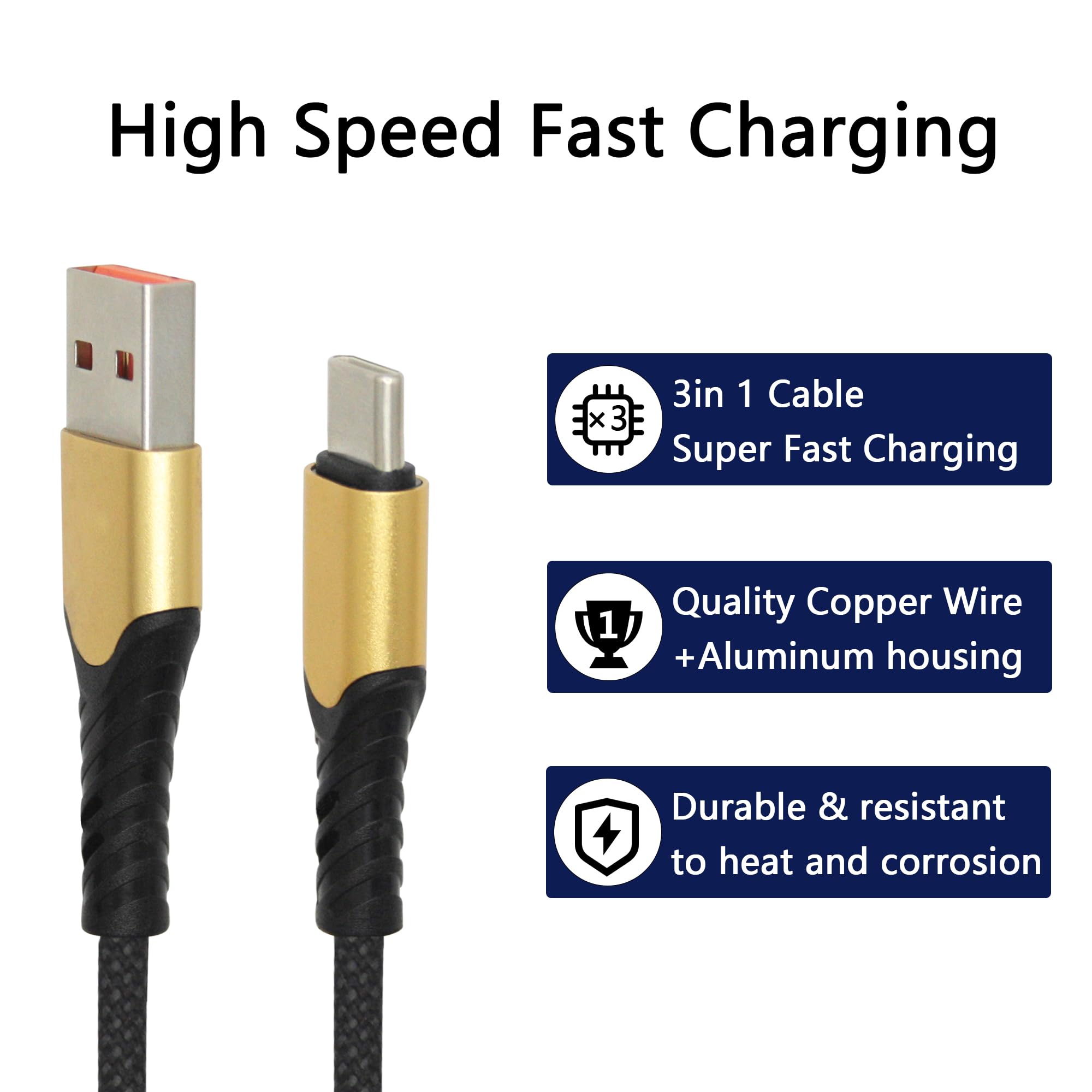 Cavo di ricarica USB A maschio a 3 tipo C maschio, cavo di ricarica rapida 3 in 1 circa 1,5 m, ricarica rapida 5 A, per telefono cellulare, iPhone 15/16, tablet, computer portatile