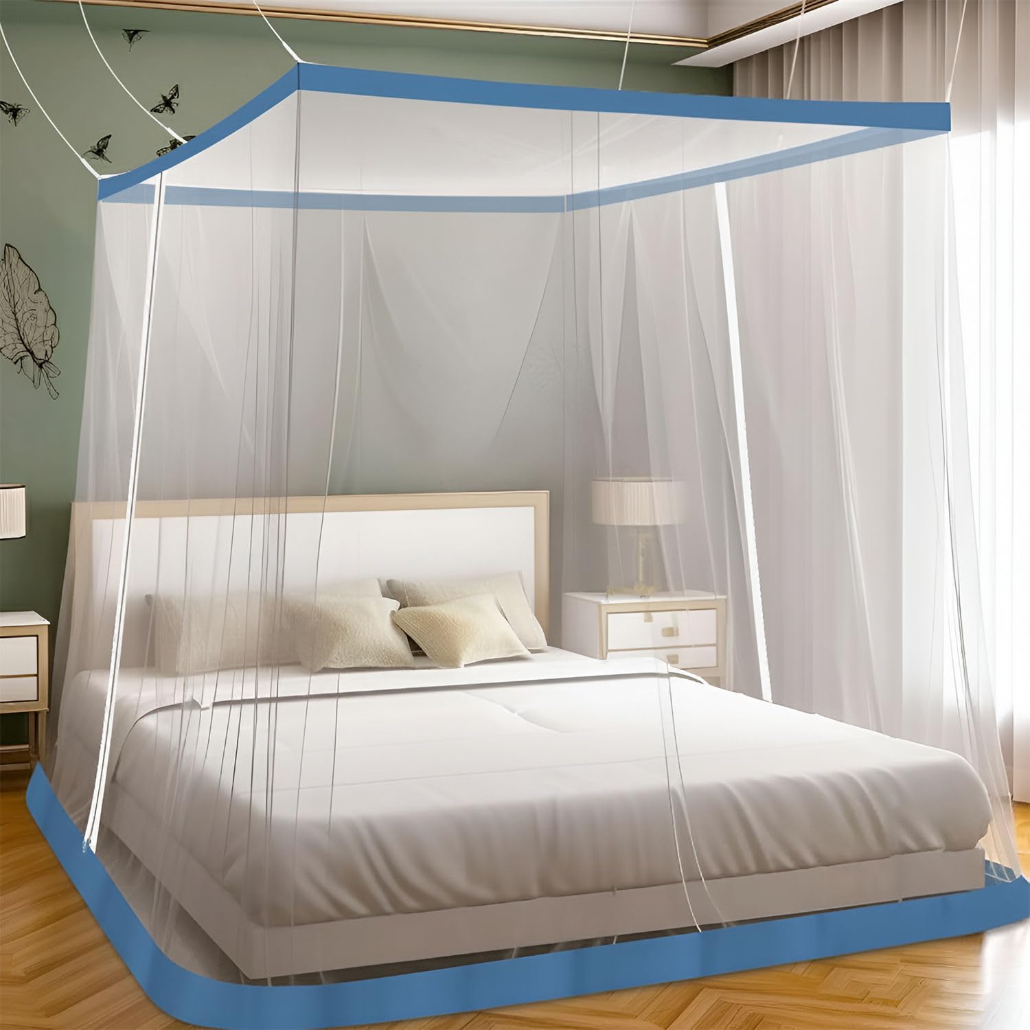 LifeKrafts Bed Mosquito Net - King Size Premium Polyester Machardani (6ft x 6.5ft,Elegant White with Blue Border) | Double Zipper Entry | Washable & Durable Net for Peaceful Sleep-image-49