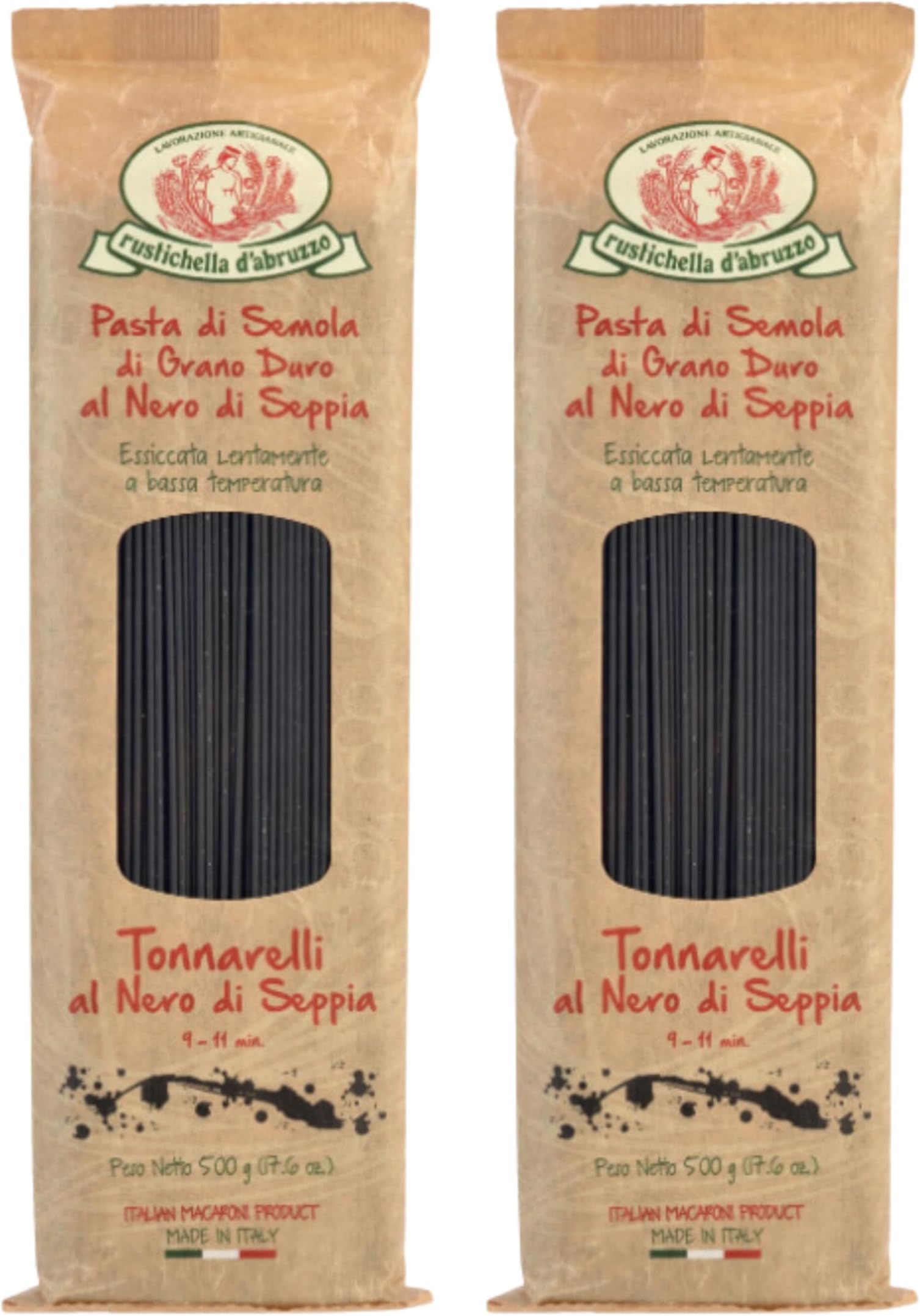 Tonnarelli with Squid Ink, Long Italian Pasta with Cuttlefish, Ideal for Shellfish, Spicy Fish Sauce & Olive Oil Dishes, Authentic Flavored from Abruzzo Italy, 500g, 2-Pack