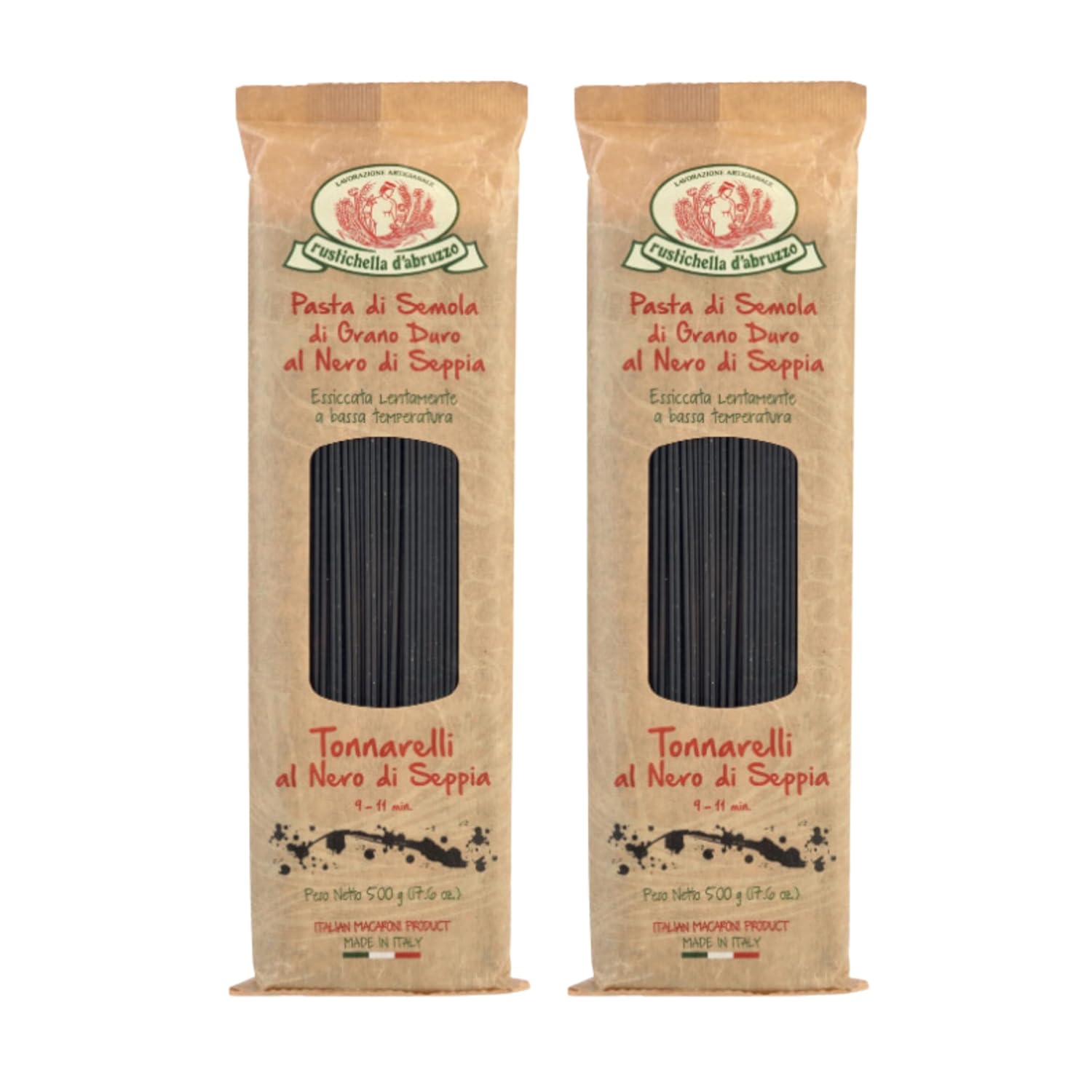 Rustichella d'Abruzzo Tonnarelli with Squid Ink, Long Italian Pasta with Cuttlefish, Ideal for Shellfish, Spicy Fish Sauce & Olive Oil Dishes, Authentic Flavored from Abruzzo Italy, 500g, 2-Pack