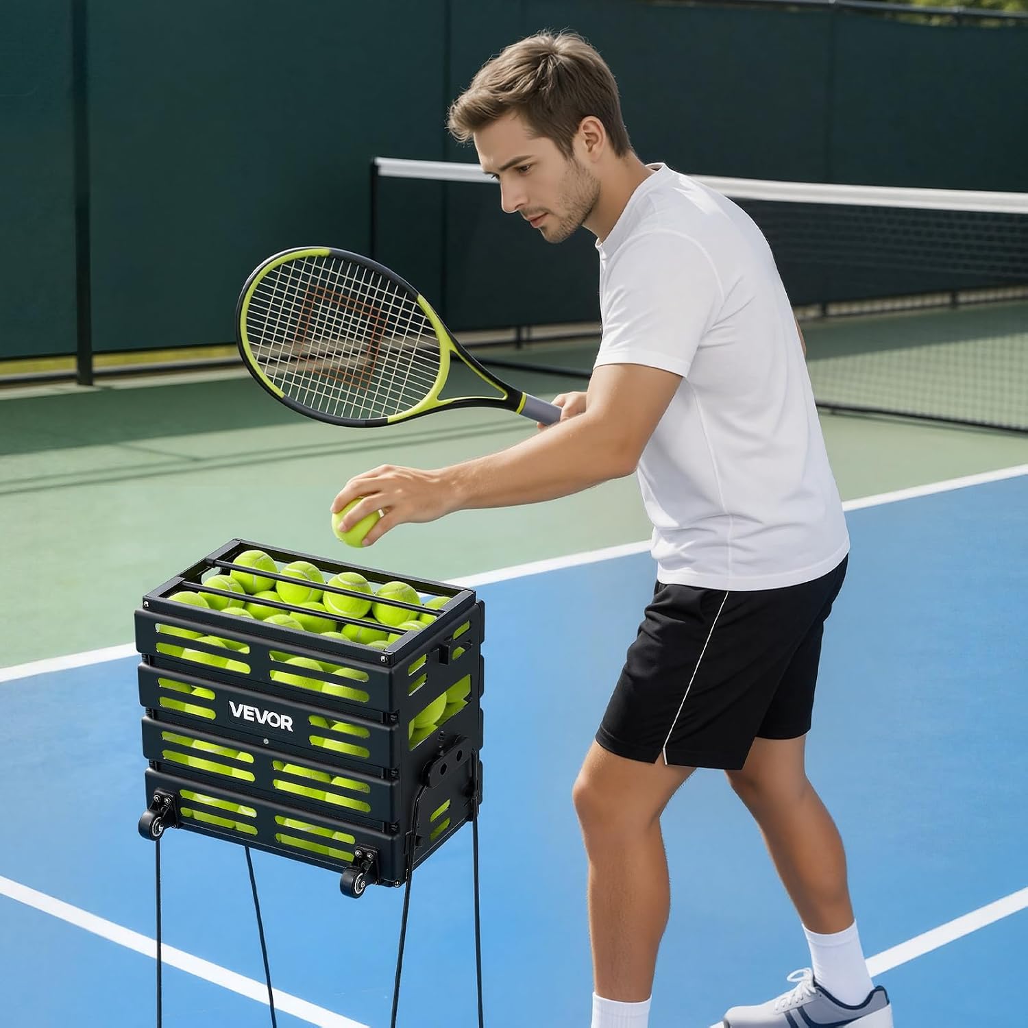 VEVOR Tennis Ball Hopper, Holds 75/80 Tennis Balls, Pickleball Basket Cart with Wheels for Easy Pick Up, Portable Pickleball Caddy with Heavy-Duty Construction for Training Carrying Storage