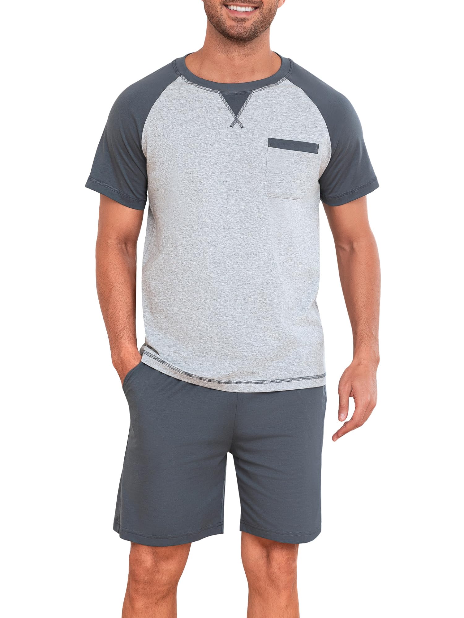 Winovia Herren Schlafanzug Kurz aus 100% Baumwolle - Sommer Pyjama Set mit Raglan-Ärmeln, Zweiteiliger atmungsaktiver Hausanzug für Männer, Nachtwäsche mit Brusttasche & Kordelzug