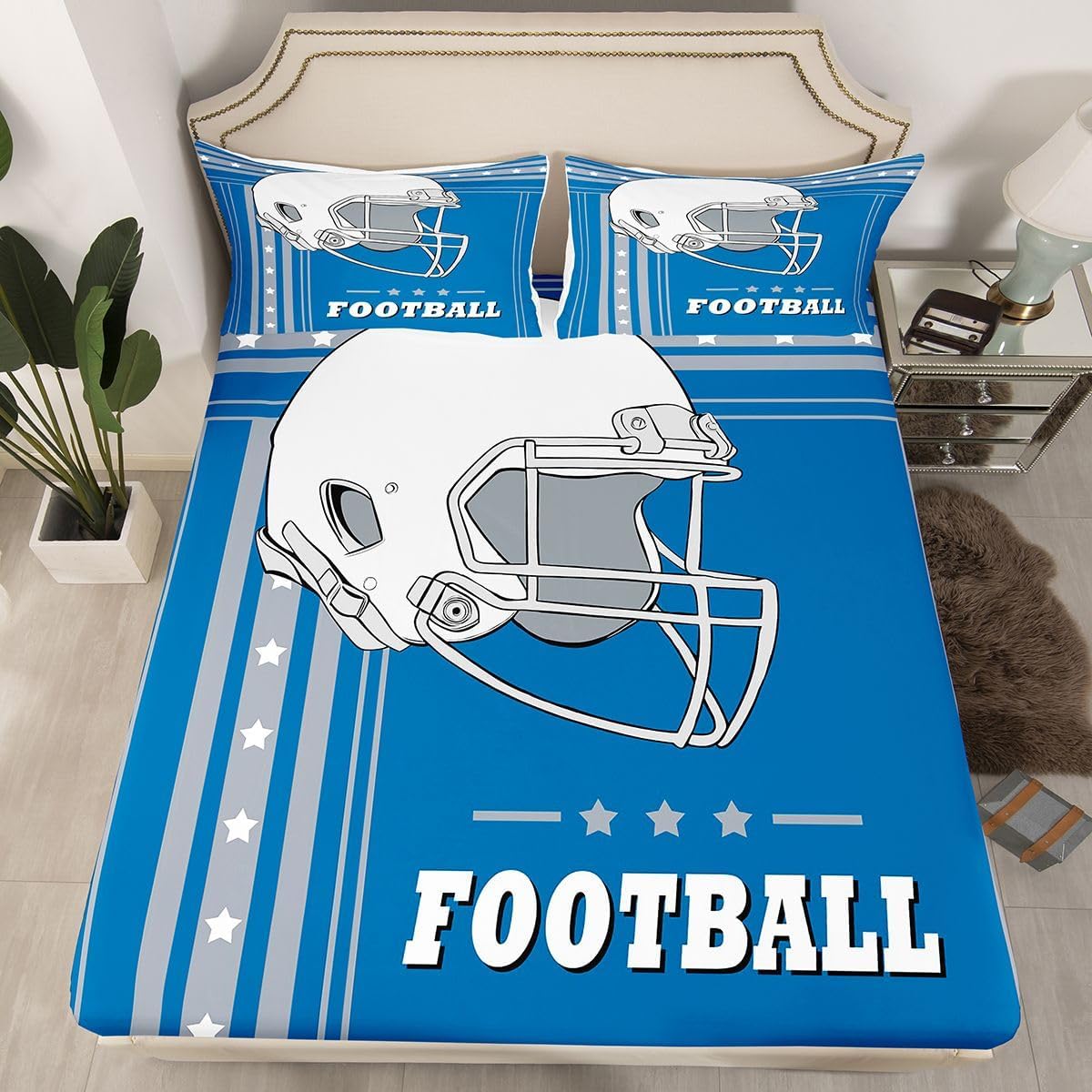 Erosebridal Gridiron Sheet Set for Boys Girls Kids Sports Bed Sheets Full, Rugby Sports Decor Bedding Sets White and Blue City Sheets Football Fans Gifts - Image 3