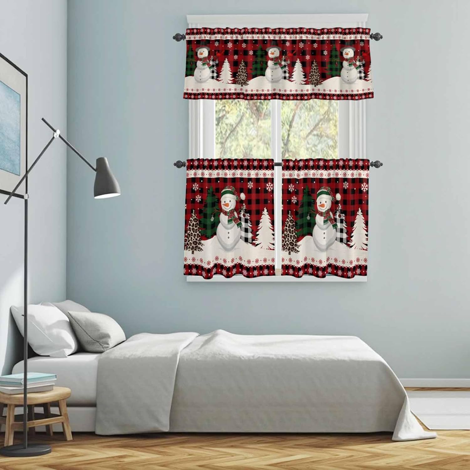 Christmas Snowman Valance and Tier Set of 3,Xmas Tree Window Curtain Rod Pocket Vlances for Kitchen,Retro Red Buffalo Plaid Privacy Panel Drapes Light Filtering Short Curtains for Bedroom