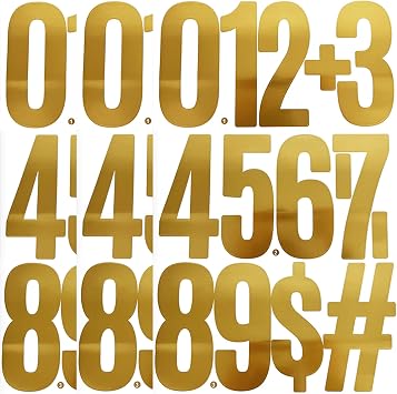 6 Inch Large Number Stickers 0-9 Numbers, 45 Pieces Self Adhesive and Waterproof Number Sticker for Bins, Mailbox, Door,Truck and Outdoor- Gold