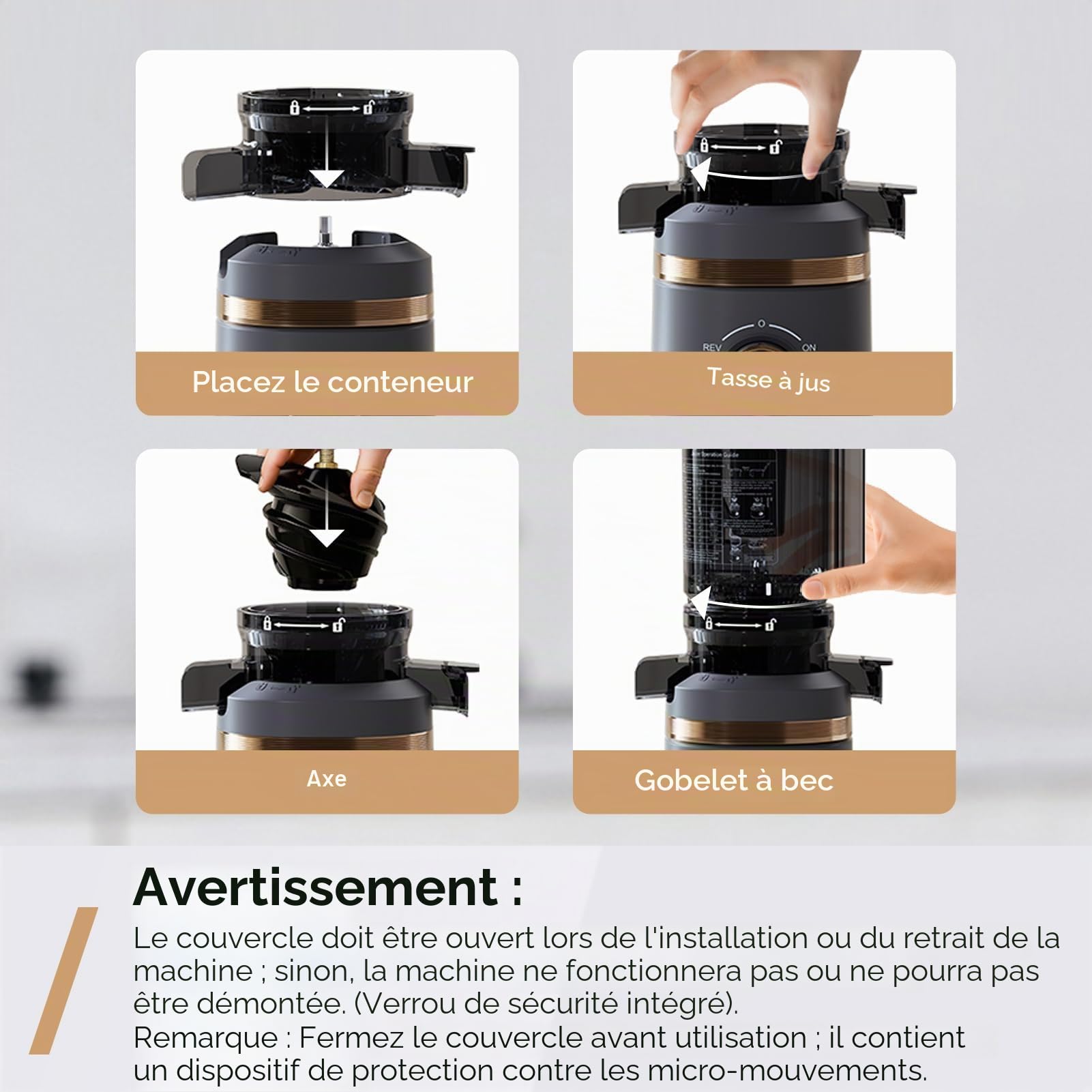 Extracteur de jus à froid lent TJean 110 mm pour fruits et légumes entiers, haut rendement, faible consommation d'énergie