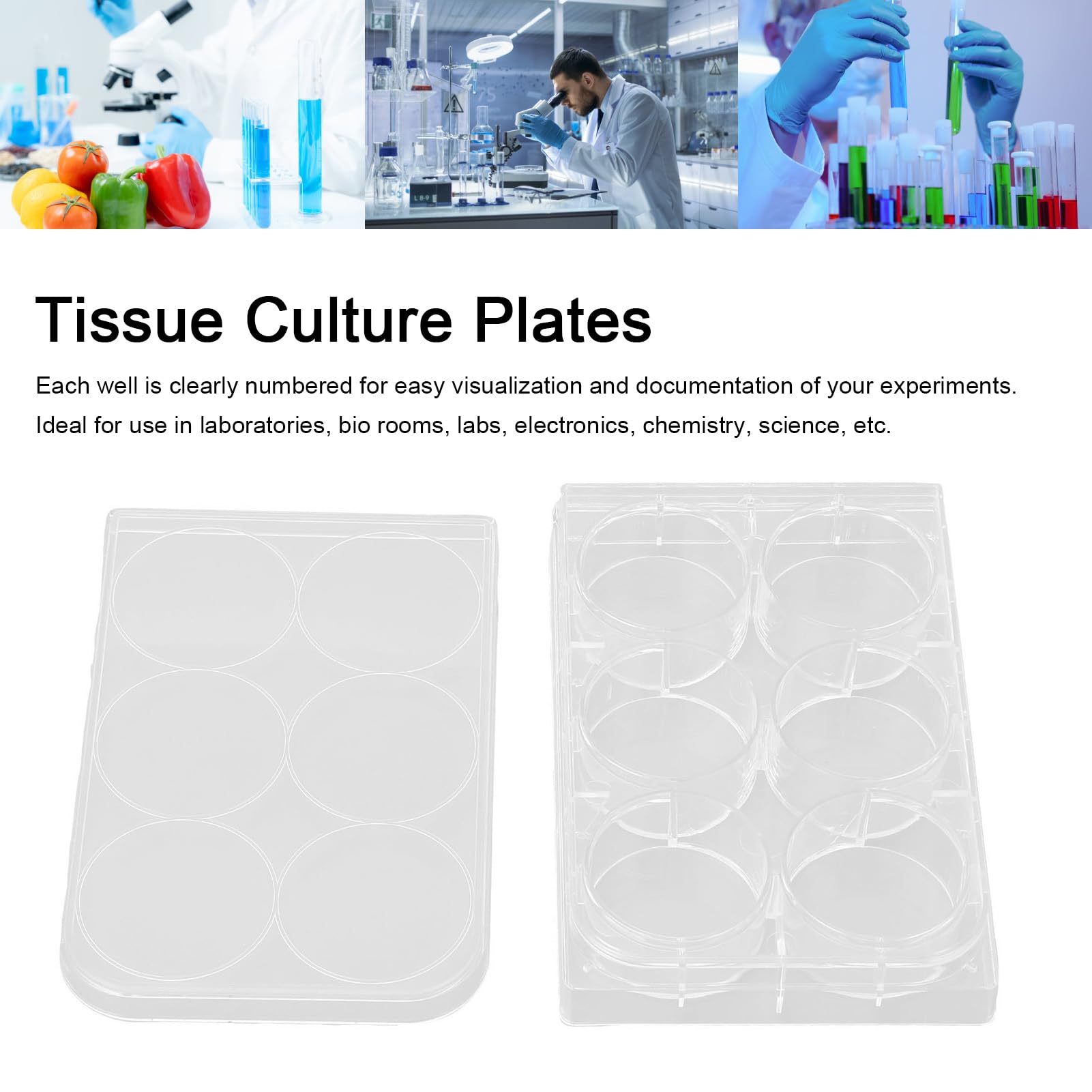 Greensen Plaque de Culture Cellulaire Transparente D'épaisseur Uniforme, Plaque de Culture en Polystyrène avec Couvercle pour Expérience de Chimie électronique (6 Trous)