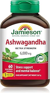 Jamieson Ashwagandha Ultra Strength 6,000 mg, Improves Resistance to Stress, Helps Mental Balance & Emotional Stability, Supports Learning & Memory. No Artificial Flavours. One Per Day, 60 Capsules