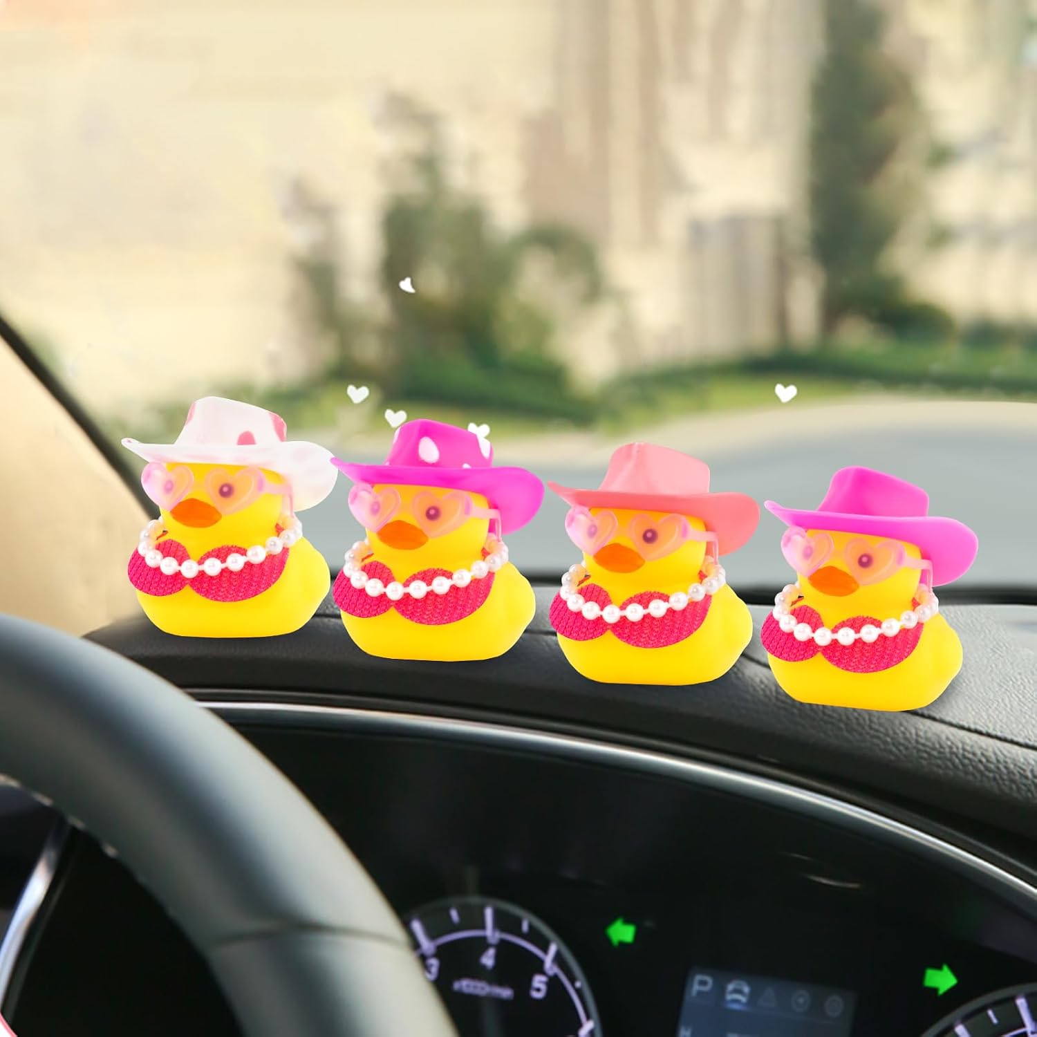 wonuu Car Decorations Bikini Cowboy Rubber Ducks, Dashboard Rubber Ducky for Gag Car Ornament Cute Duck with Cowboy Hat, Glasses, Pearl, Pink