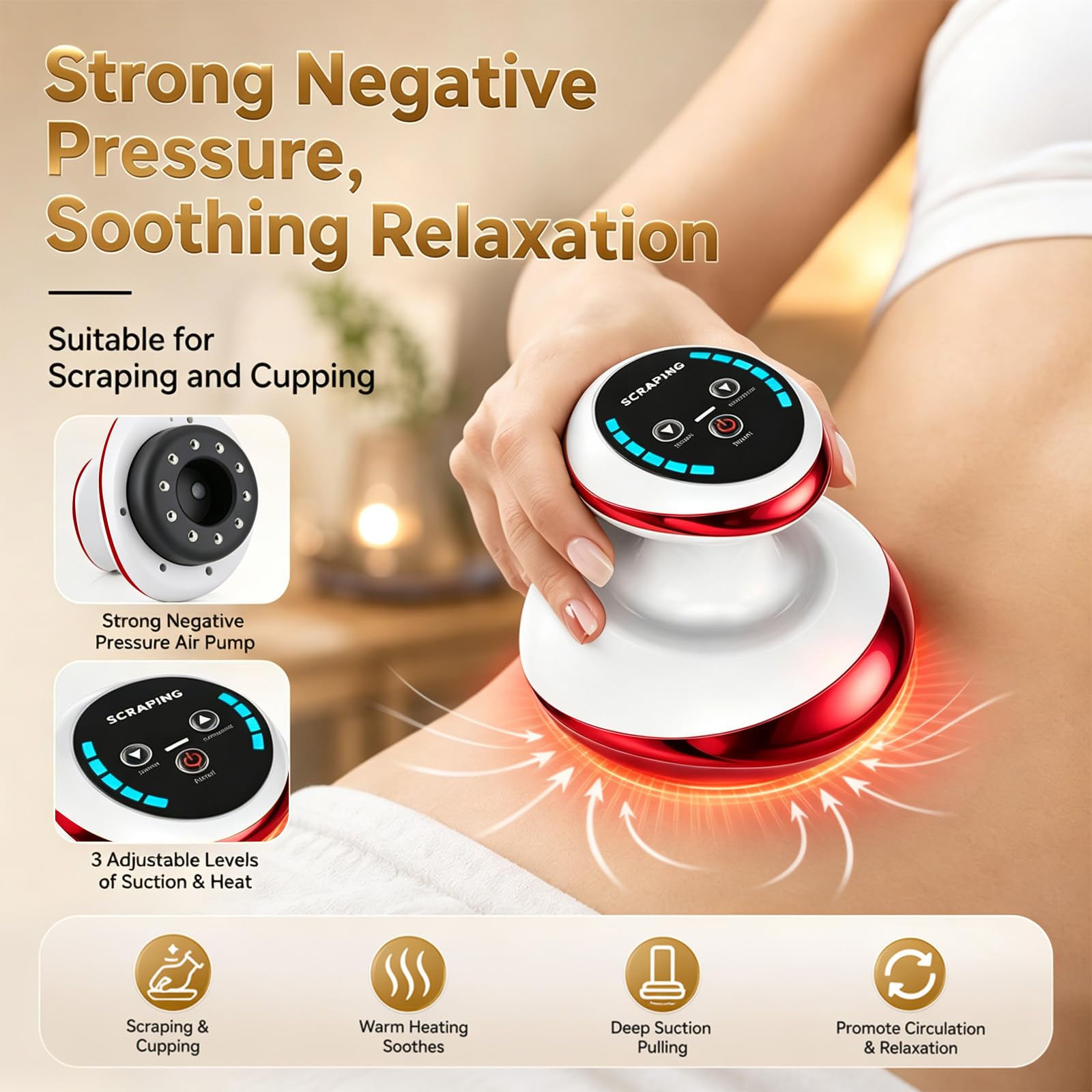 Masajeador eléctrico GuaSha 4 en 1, 6 niveles de succión y 6 niveles de calor, masajeador al vacío con terapia de luz roja, dispositivo de masaje inalámbrico anticelulitis para espalda, hombros y