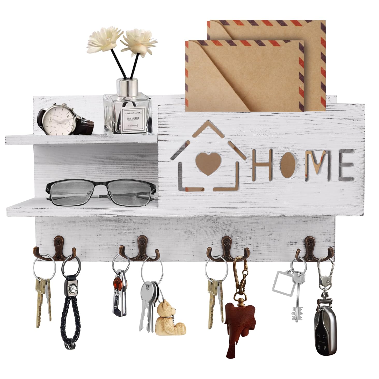 Gocokia Mail and Key Holder for Wall Decorative, Wooden Mail Organizer with 4 Double Key Hooks, Wall Mounted Key Hangers with Mailbox (White)