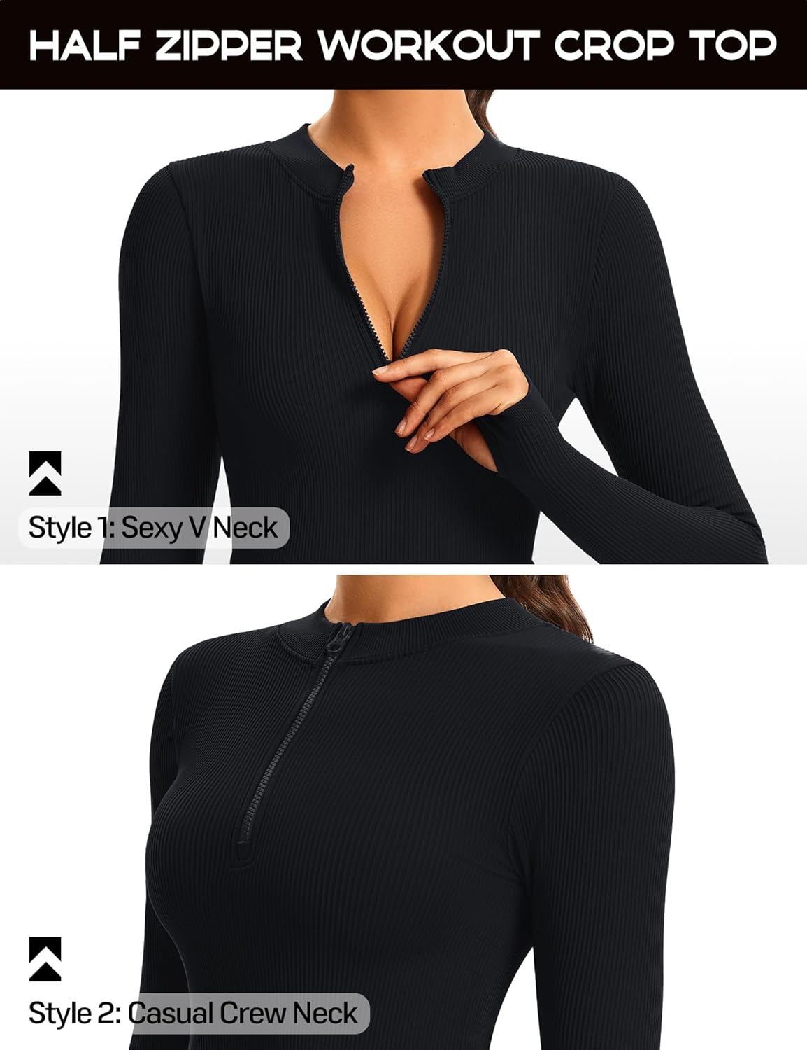 VEQKING Women Long Sleeve Workout Crop Tops Half Zip Pullover Sweatshirt Ribbed Tight Fitted Athletic Shirts with Thumbholes - Image 5