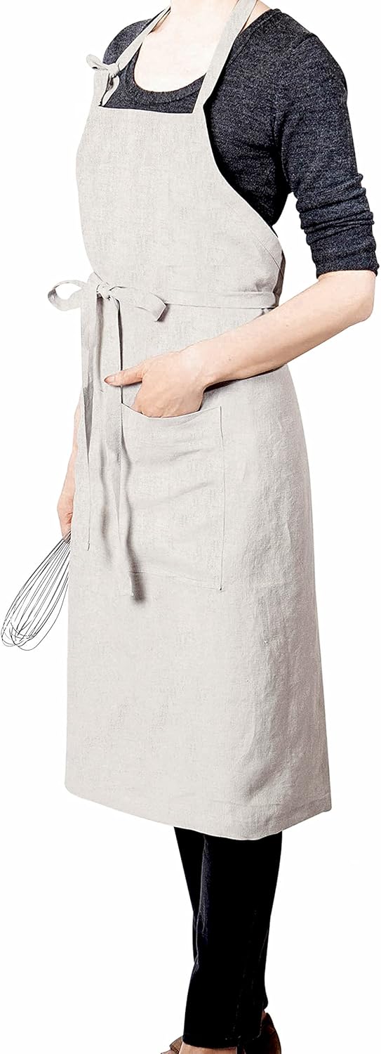 Stonewashed 100% French Linen Apron-Adjustable with Pockets for Women Men-Natural Linen