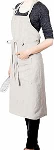 LK PureLife Stonewashed 100% French Linen Apron-Adjustable with Pockets for Women Men-Natural Linen