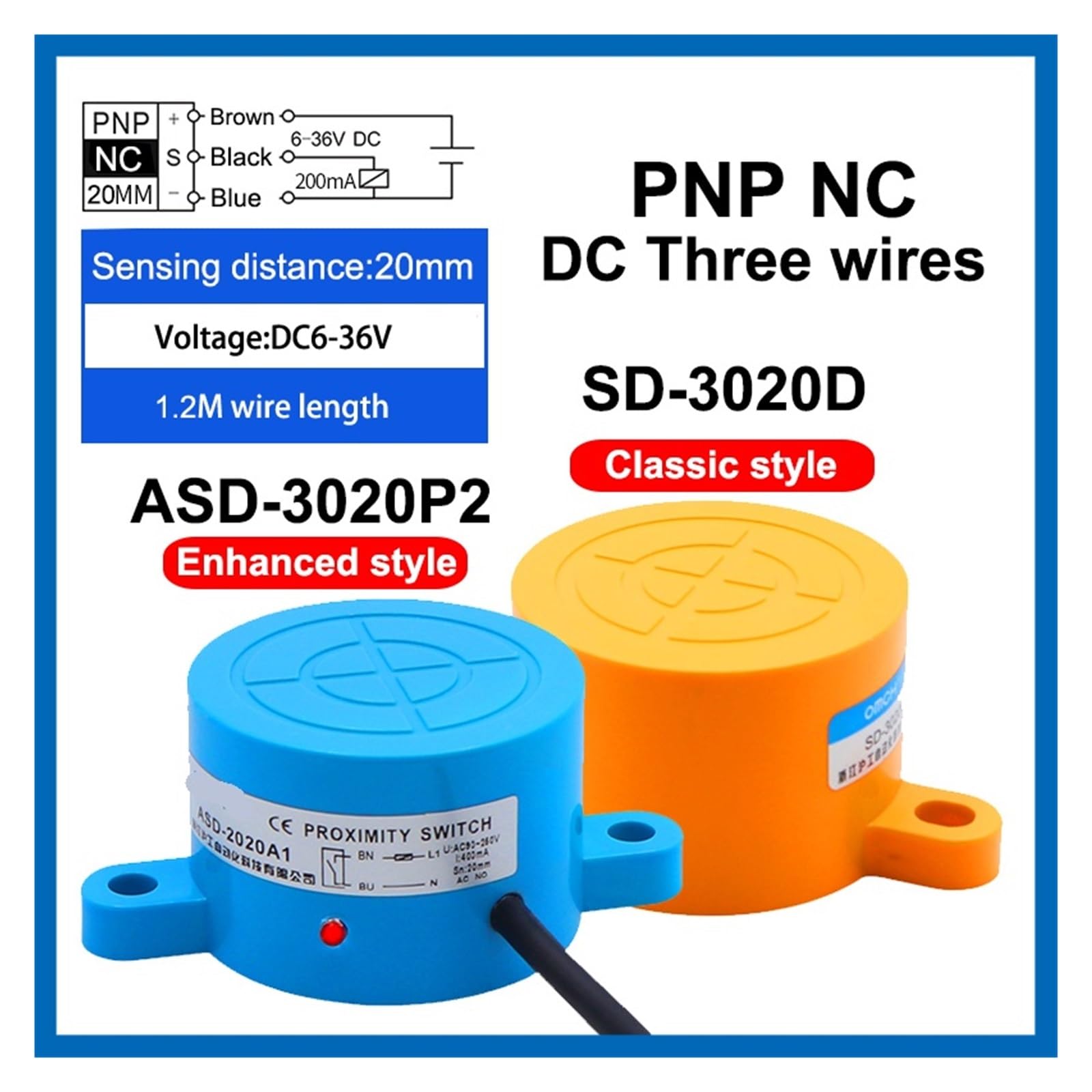 1 szt. SD-3020 20 mm Odległość wykrywania odległości okrągły metalowy czujnik zbliżeniowy dwa lub trzy cztery przewody NPN PNP nr NC(Dc Three Wire Pnp NC, klasyczny styl)