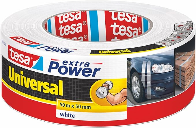 tesa Cinta Adhesiva Universal Extra Power - Celo Adhesivo con Fijación Extra Fuerte - Cinta Multiusos Versátil para Reparaciones, Fijación, Sellado y Más - Blanco - 1 Rollo - 50 m x 50 mm