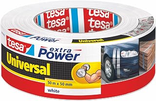 tesa Cinta Adhesiva Universal Extra Power - Celo Adhesivo con Fijación Extra Fuerte - Cinta Multiusos Versátil para Reparaciones, Fijación, Sellado y Más - Blanco - 1 Rollo - 50 m x 50 mm
